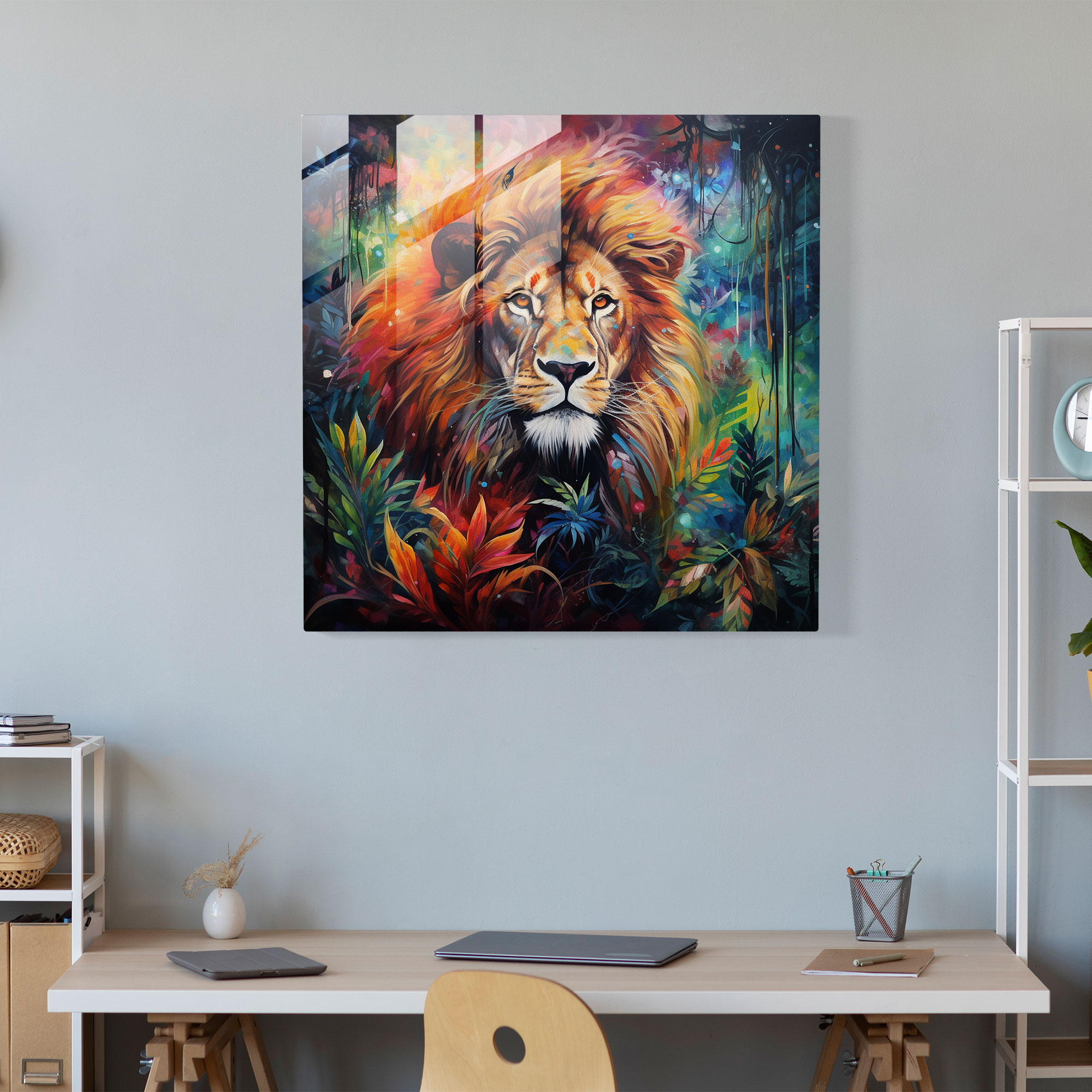 Wildlife Glass Print - Majestic Lion In Colorful Jungle - Wildlife, Modern Art, Wall Decoration, Home Decoration