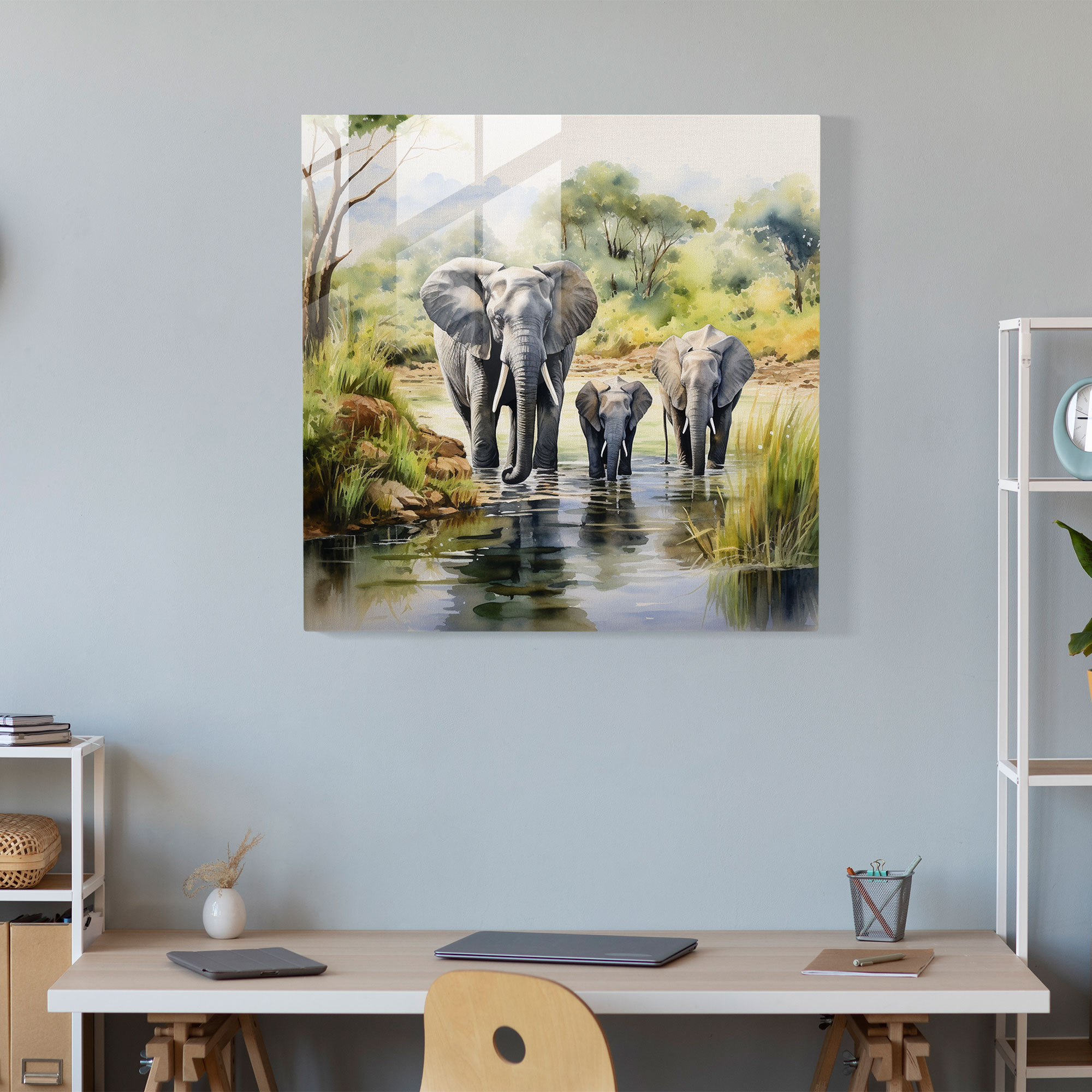 Wildlife Glass Wall Art - Family Of Elephants Near Serene River - Wildlife, Serene River, Watercolor Artwork, Wall Decoration