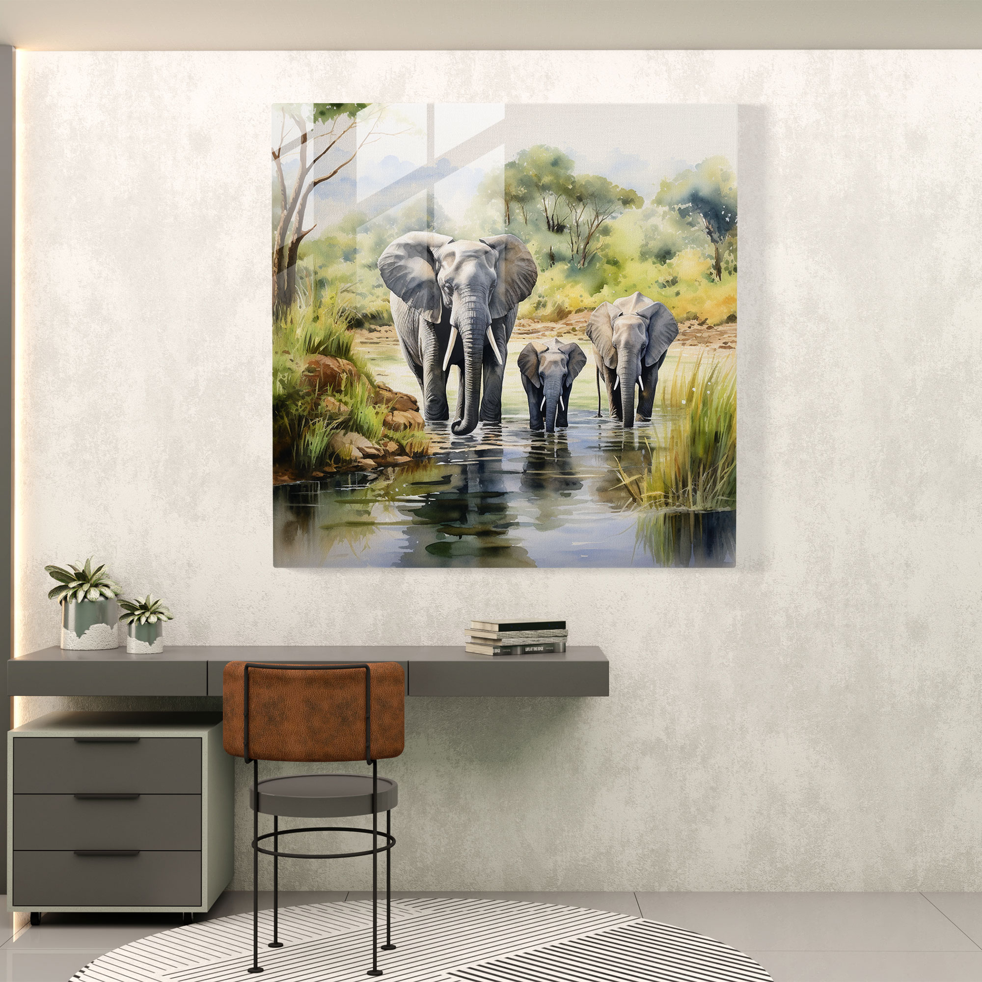 Wildlife Glass Wall Art - Family Of Elephants Near Serene River - Wildlife, Serene River, Watercolor Artwork, Wall Decoration