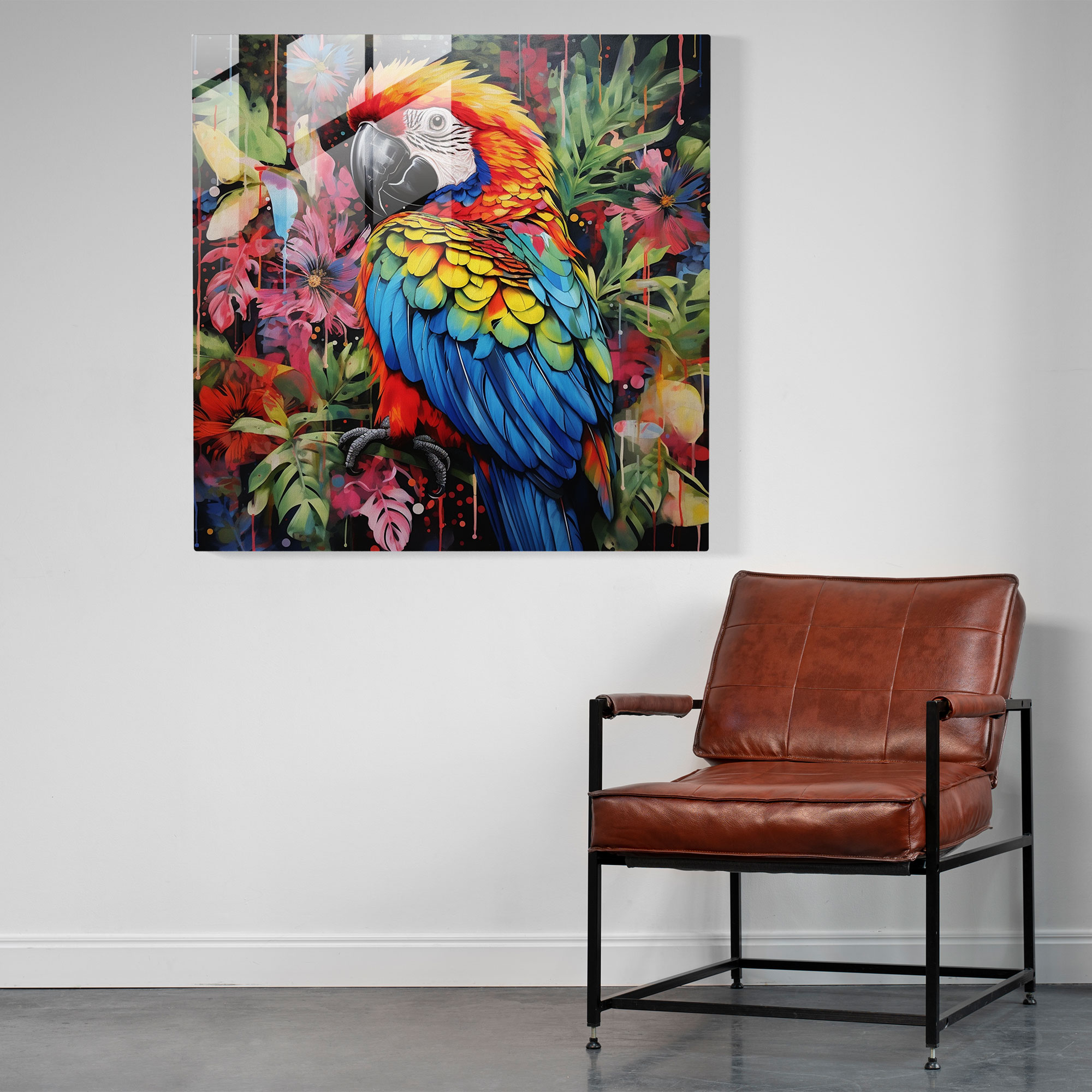 Wildlife Glass Wall Art - Vibrant Parrot In Tropical Foliage - Wildlife, Wildlife, Surreal Mixed Media Artwork, Glass Art