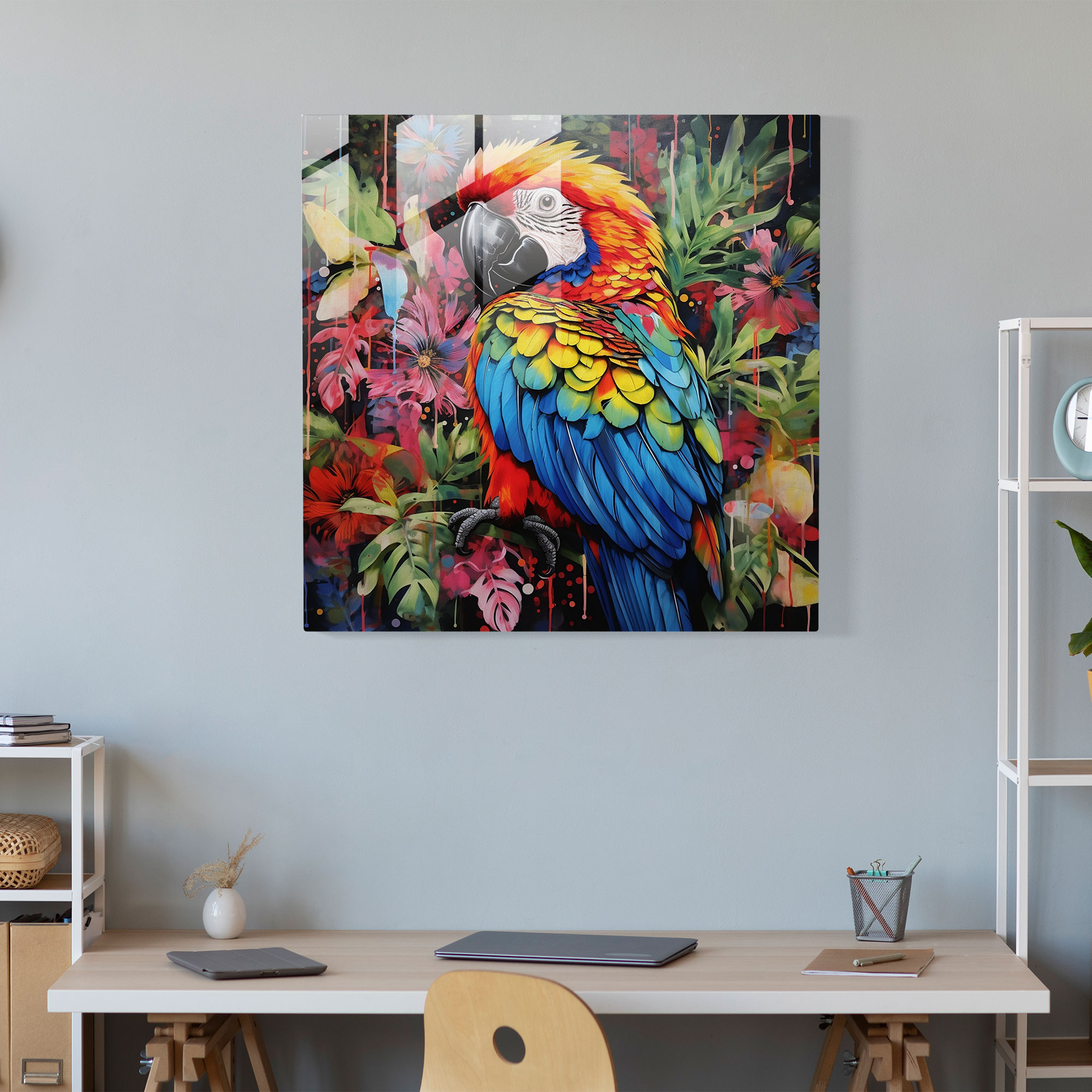 Wildlife Glass Wall Art - Vibrant Parrot In Tropical Foliage - Wildlife, Wildlife, Surreal Mixed Media Artwork, Glass Art