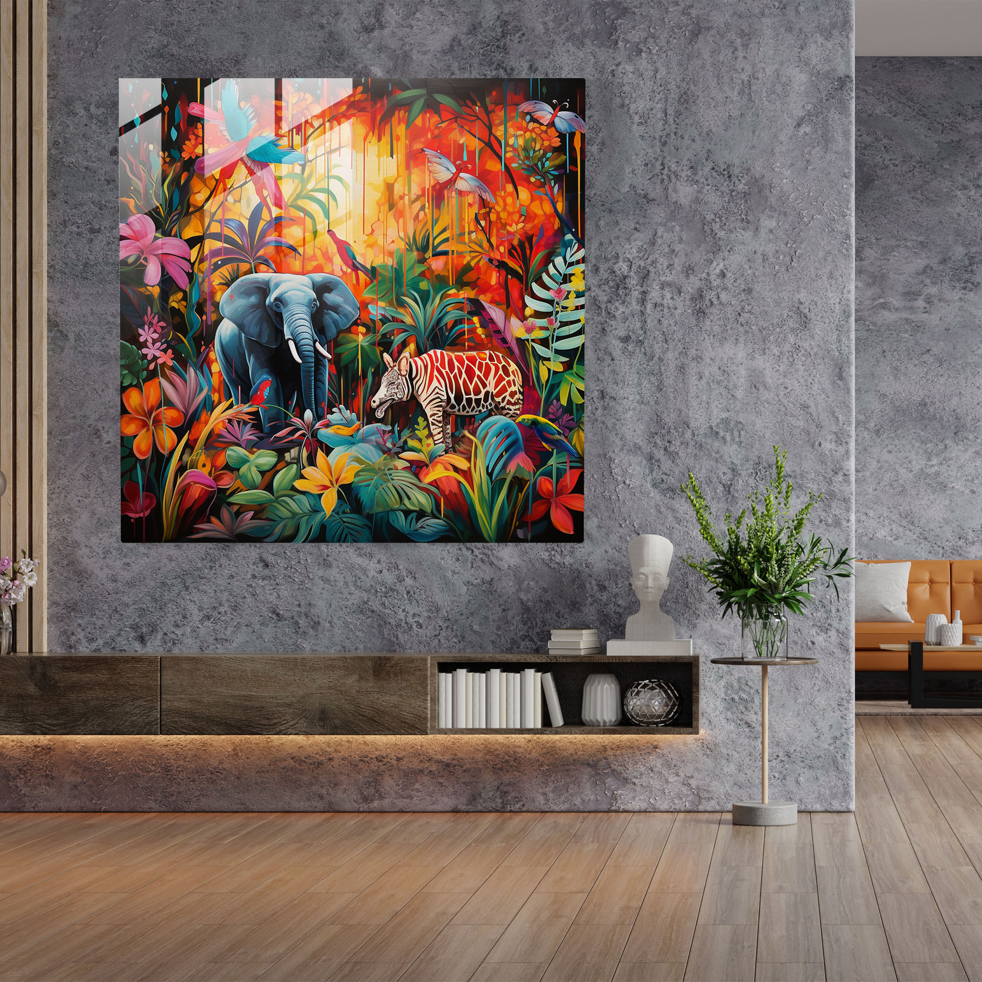 Wildlife Glass Print - Colorful Abstract Jungle - Wildlife, Wall Decoration, Glass Wall Art, Jungle