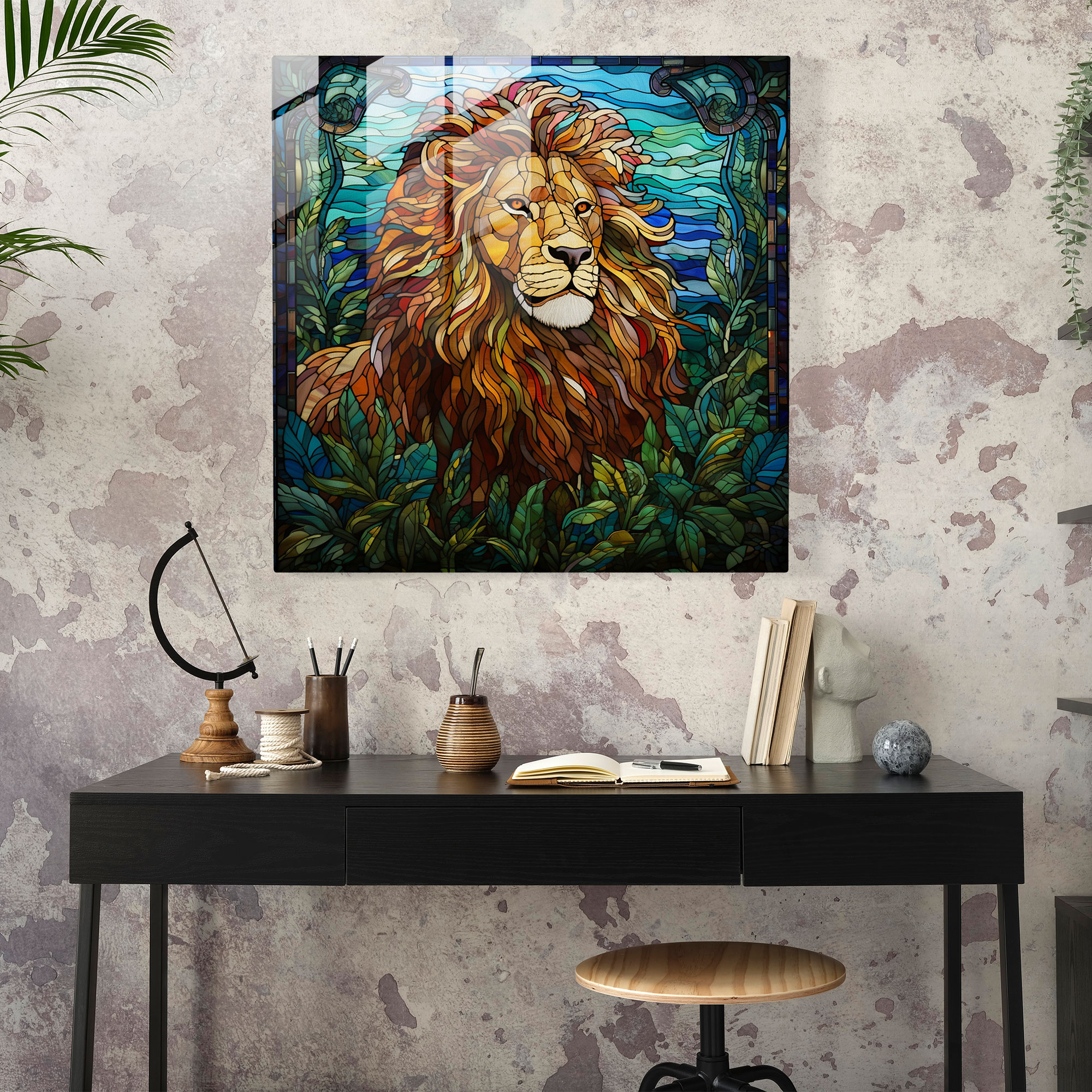 Wildlife Glass Wall Art - Stained Glass Lion - Wildlife, Majestic Lion, Mosaic, Glass Art