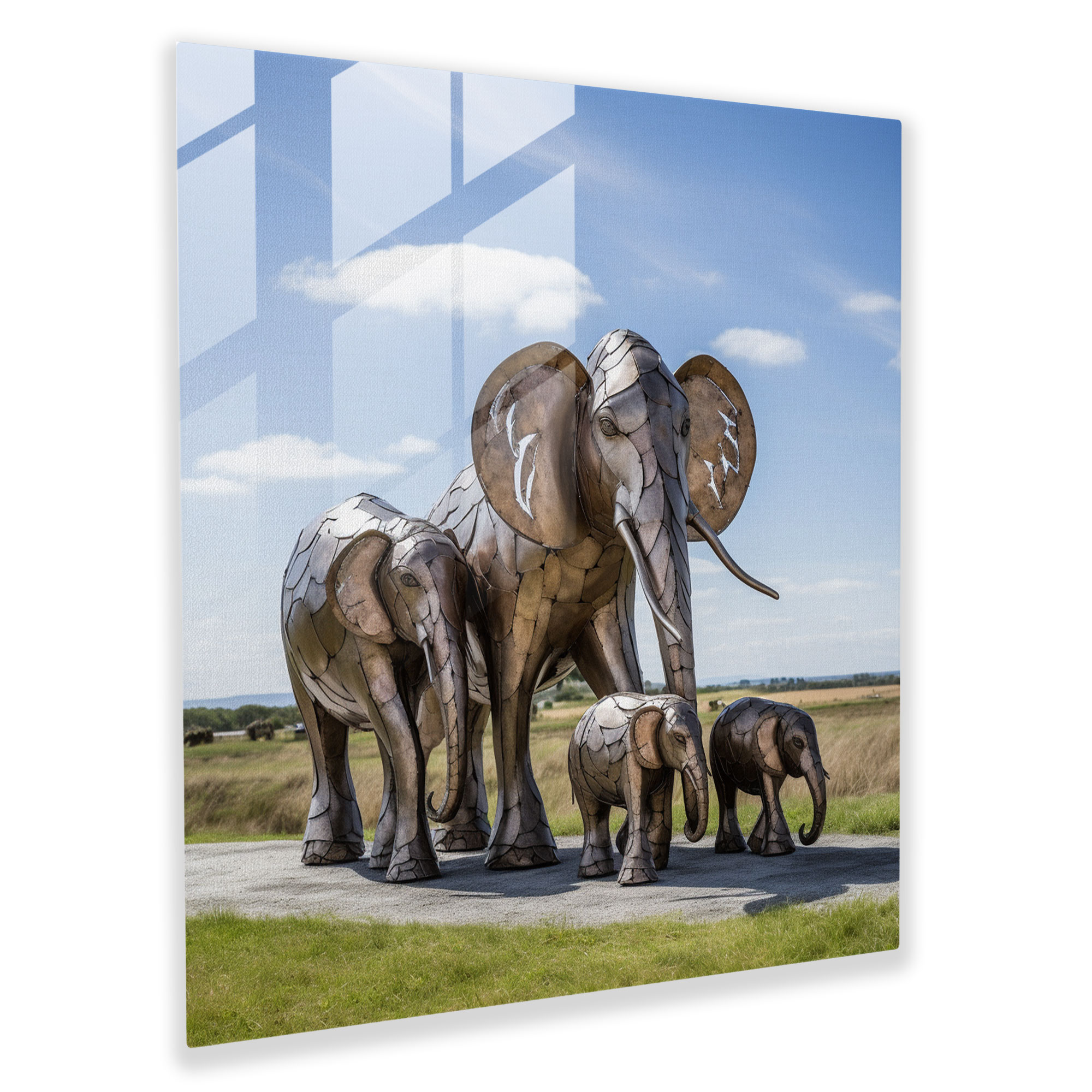 Wildlife Glass Wall Art - Family Of Elephants - Wildlife, Contemporary Sculpture, Glass Wall Art, Modern Art