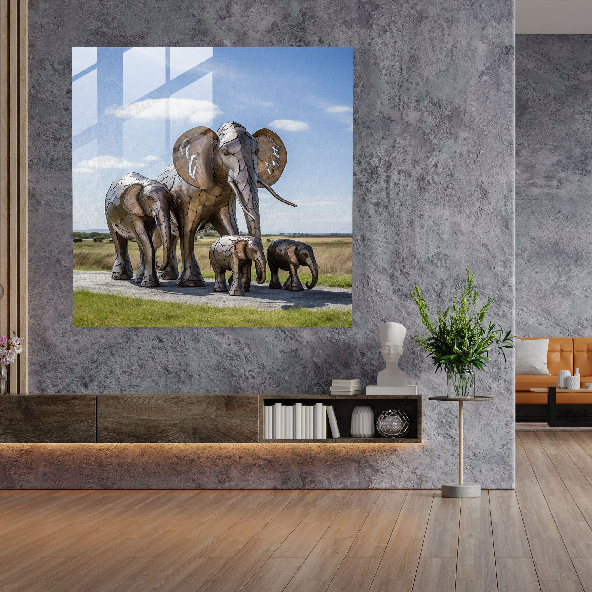 Wildlife Glass Wall Art - Family Of Elephants - Wildlife, Contemporary Sculpture, Glass Wall Art, Modern Art