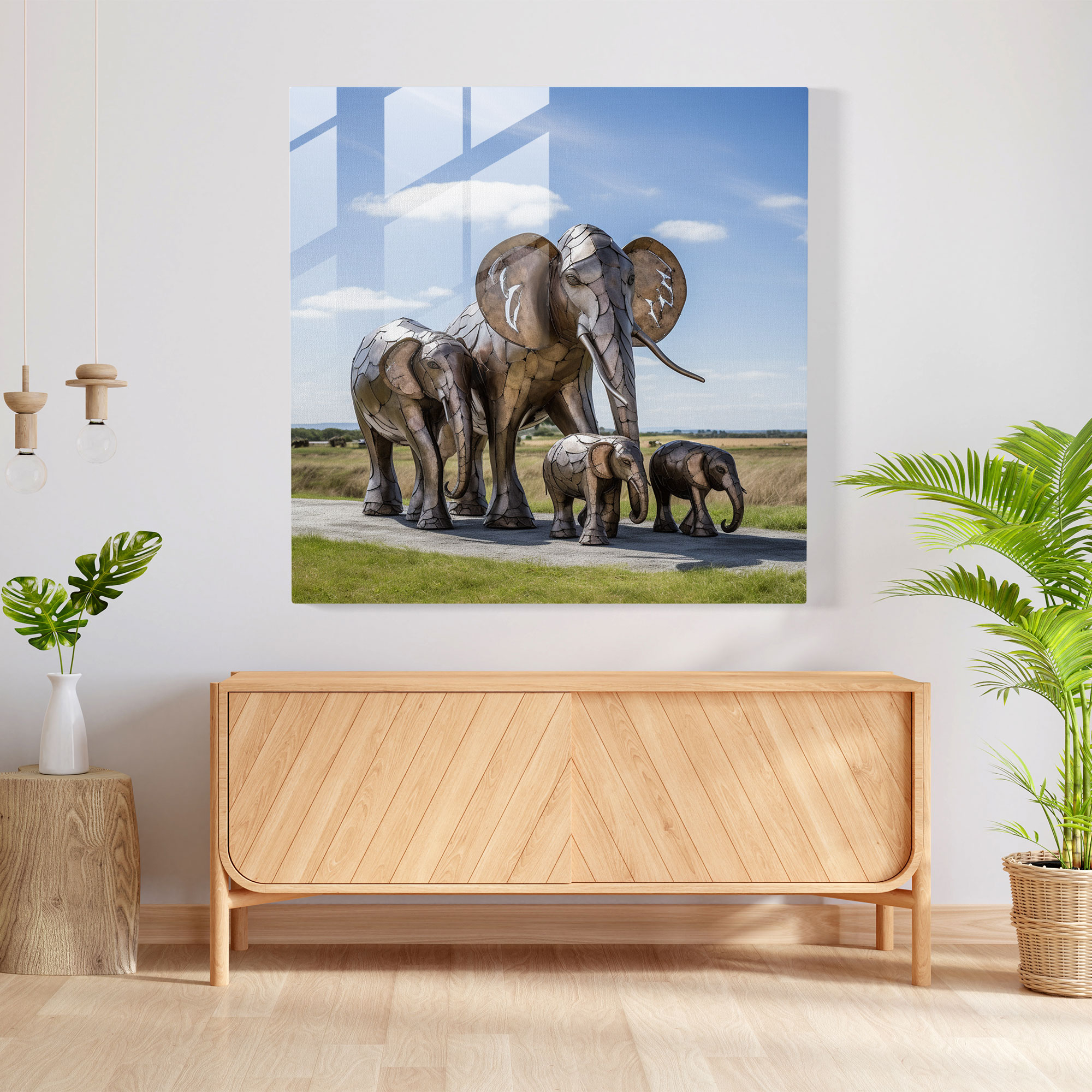 Wildlife Glass Wall Art - Family Of Elephants - Wildlife, Contemporary Sculpture, Glass Wall Art, Modern Art