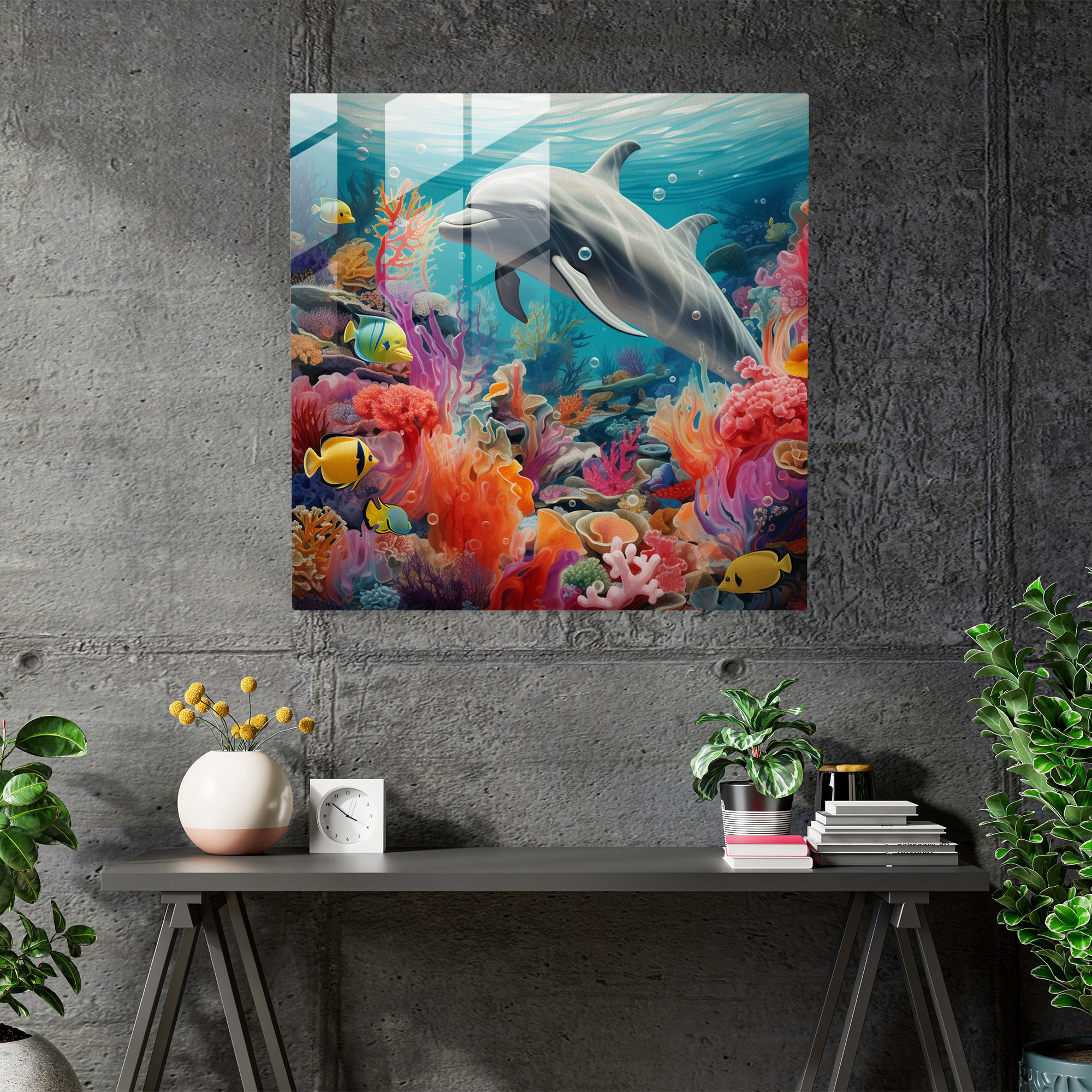 Wildlife Glass Print - Underwater Dolphins - Wildlife, Underwater Scene, Glass Wall Art, Dolphins