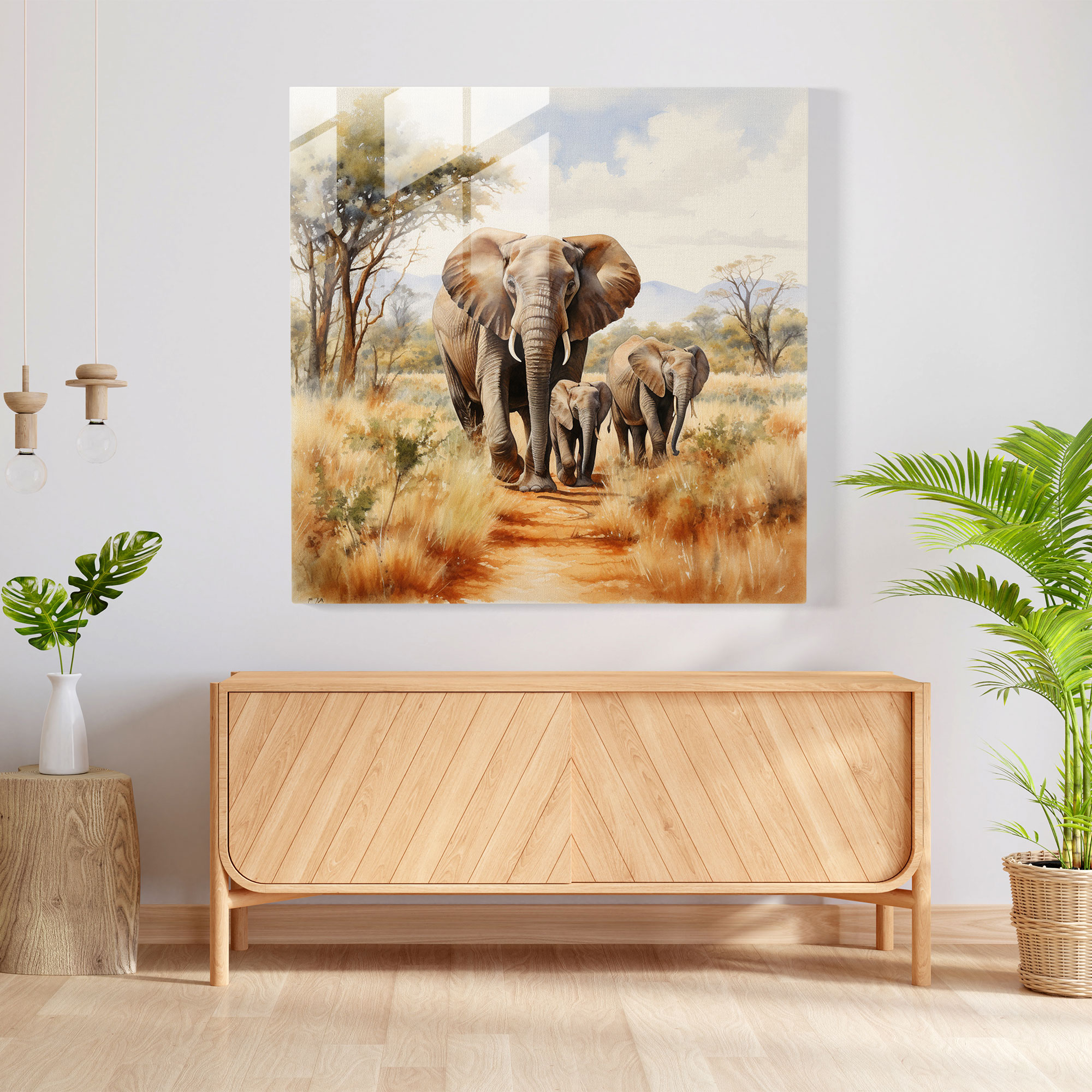 Wildlife Glass Wall Art - Watercolor Elephants - Wildlife, Glass Print, Watercolor Painting, Elephants