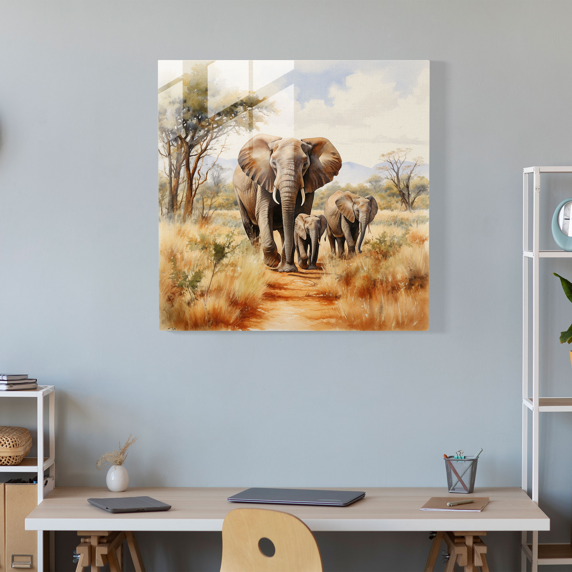 Wildlife Glass Wall Art - Watercolor Elephants - Wildlife, Glass Print, Watercolor Painting, Elephants
