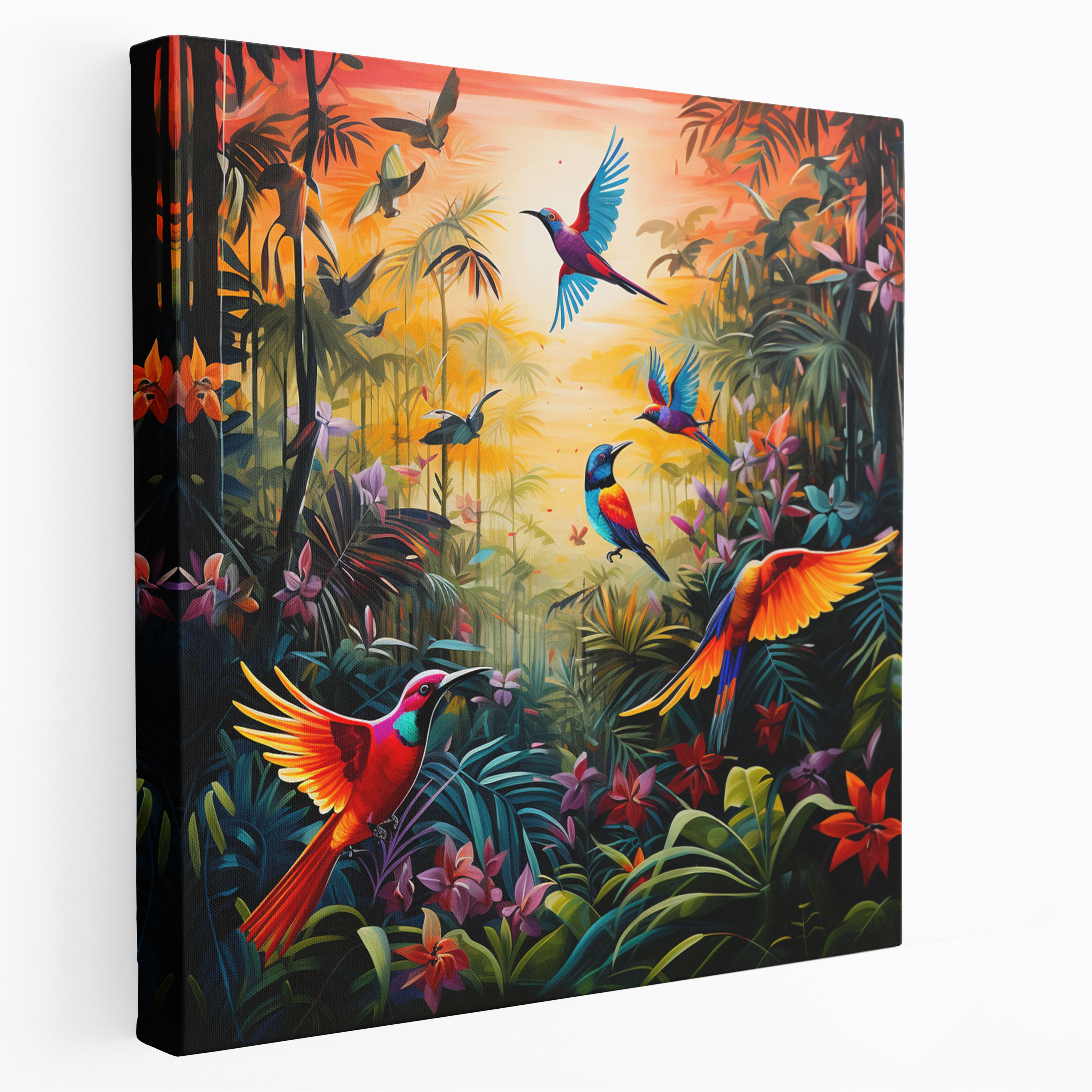 Wildlife Wall Art - Vibrant Acrylic Birds In Jungle Canvas Print - Wildlife, Tropical Jungle, Canvas Wall Art, Nature