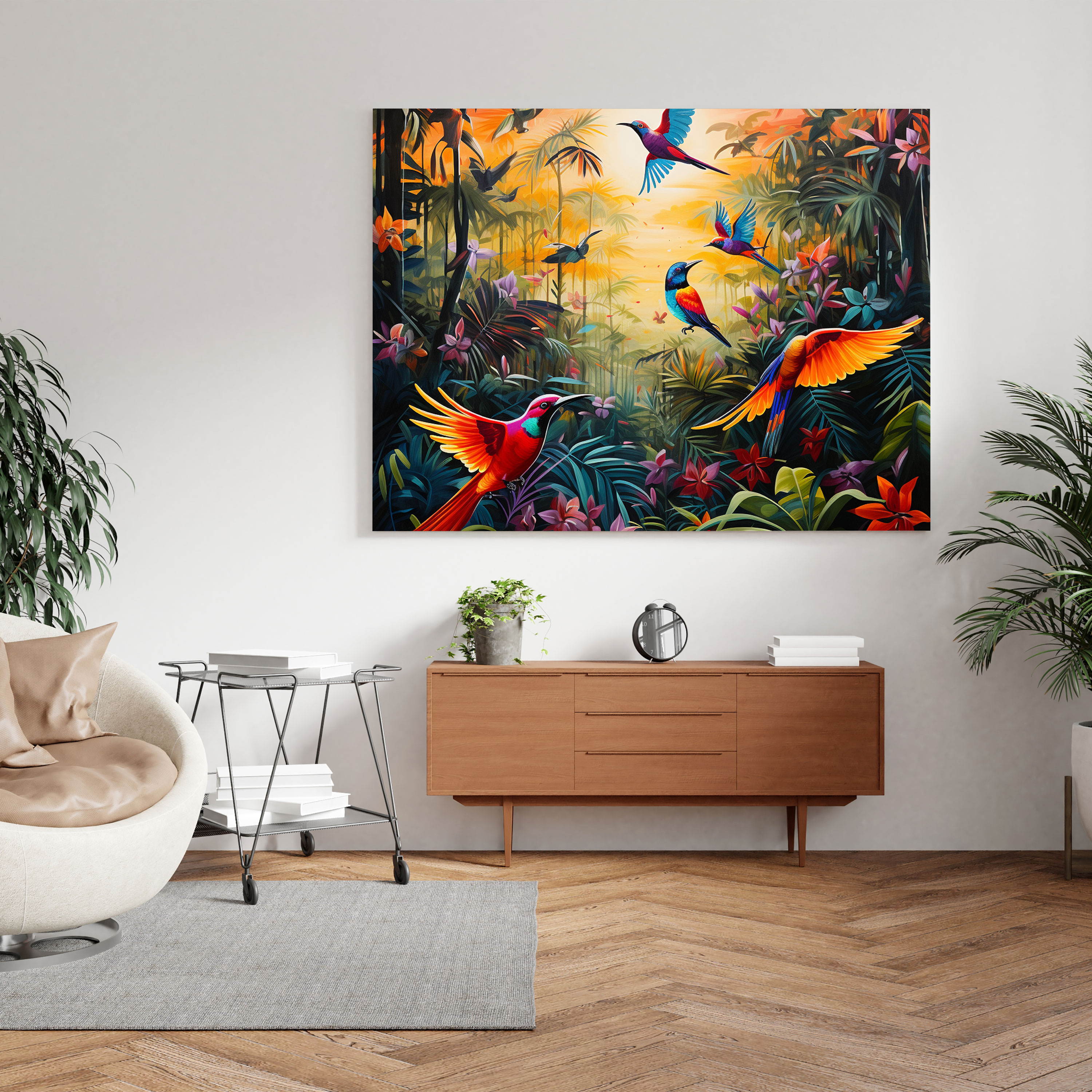 Wildlife Wall Art - Vibrant Acrylic Birds In Jungle Canvas Print - Wildlife, Tropical Jungle, Canvas Wall Art, Nature