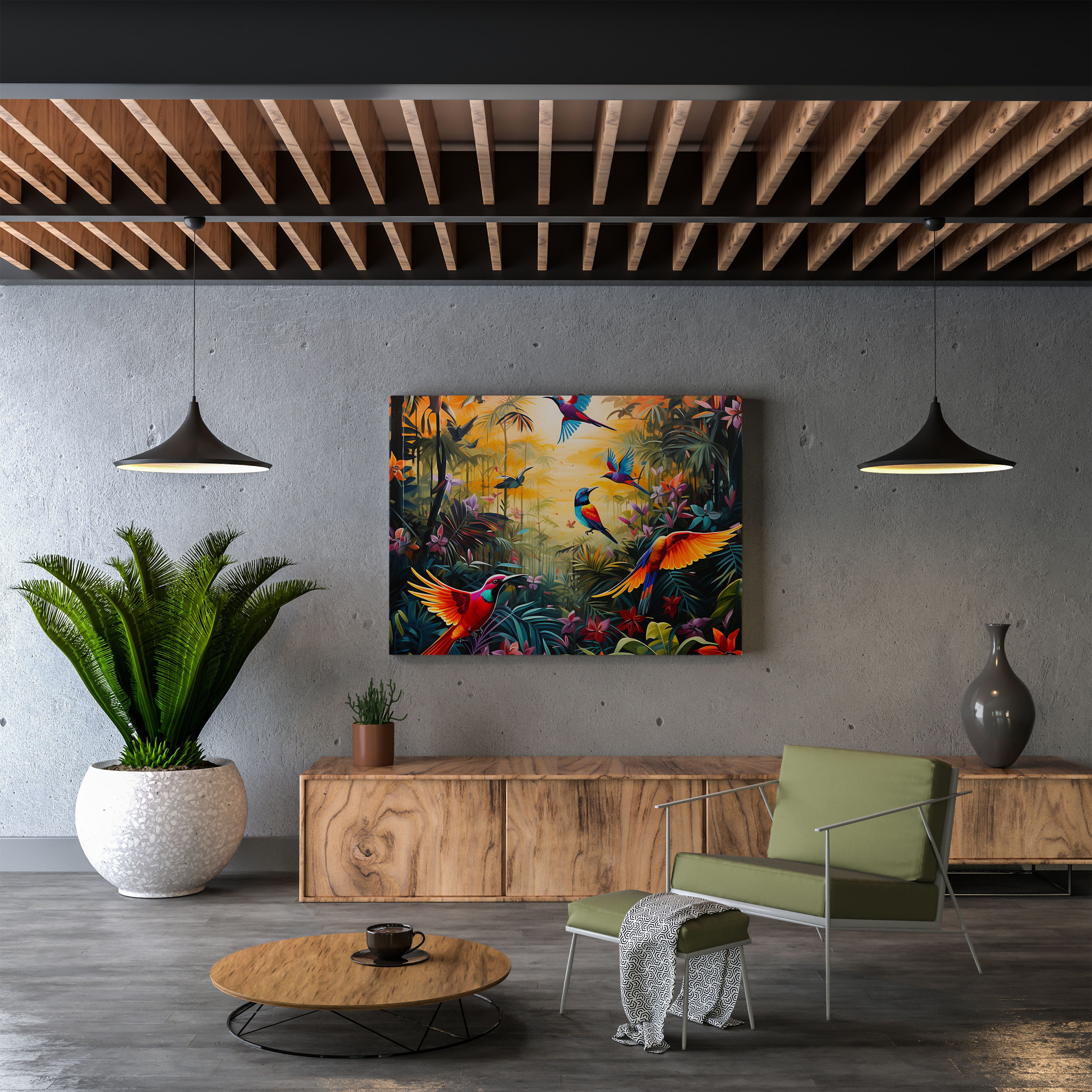 Wildlife Wall Art - Vibrant Acrylic Birds In Jungle Canvas Print - Wildlife, Tropical Jungle, Canvas Wall Art, Nature