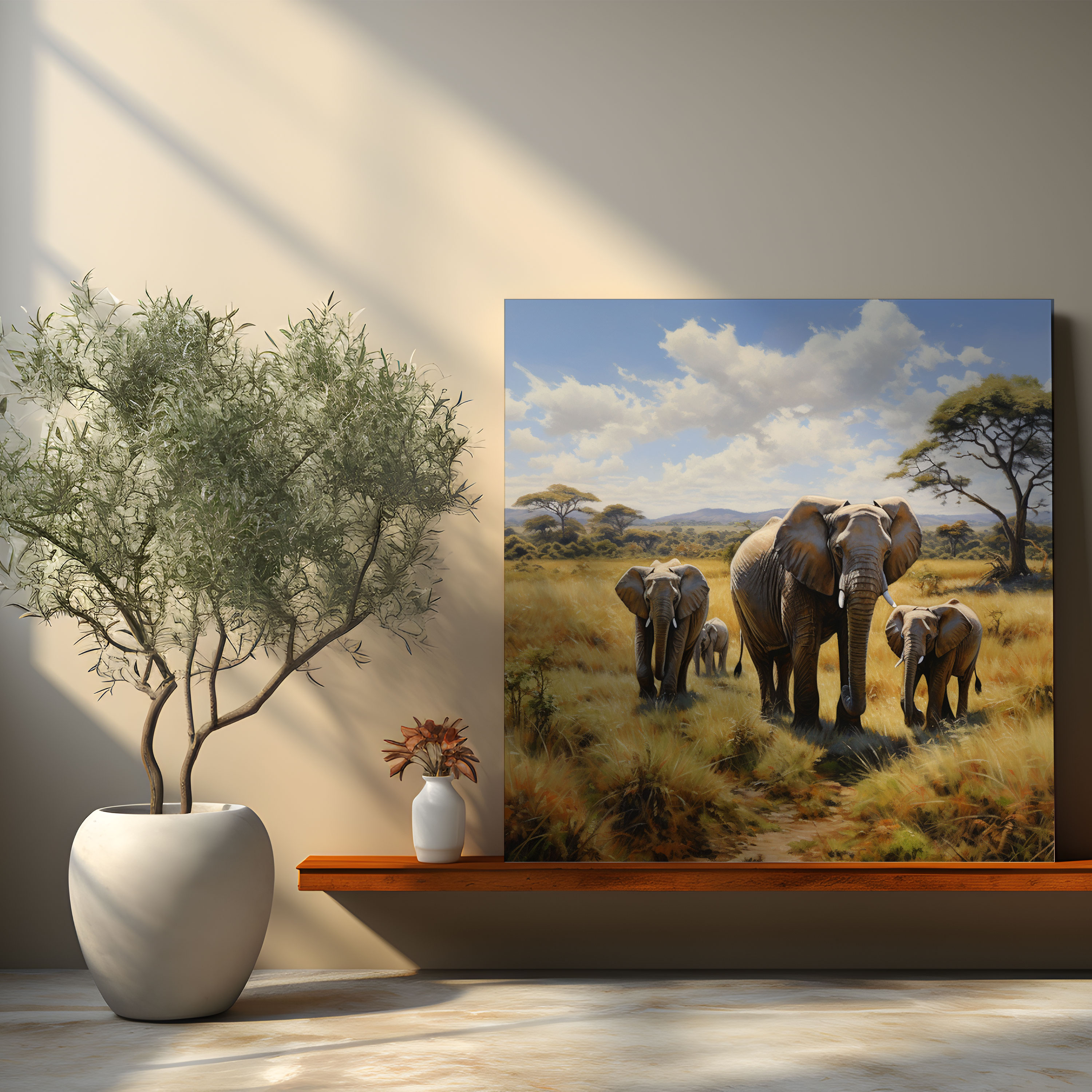 Wildlife Canvas Print - Realistic Oil Painting Of Grazing Elephants - Wildlife, Canvas Wall Art, Wildlife, Elephants