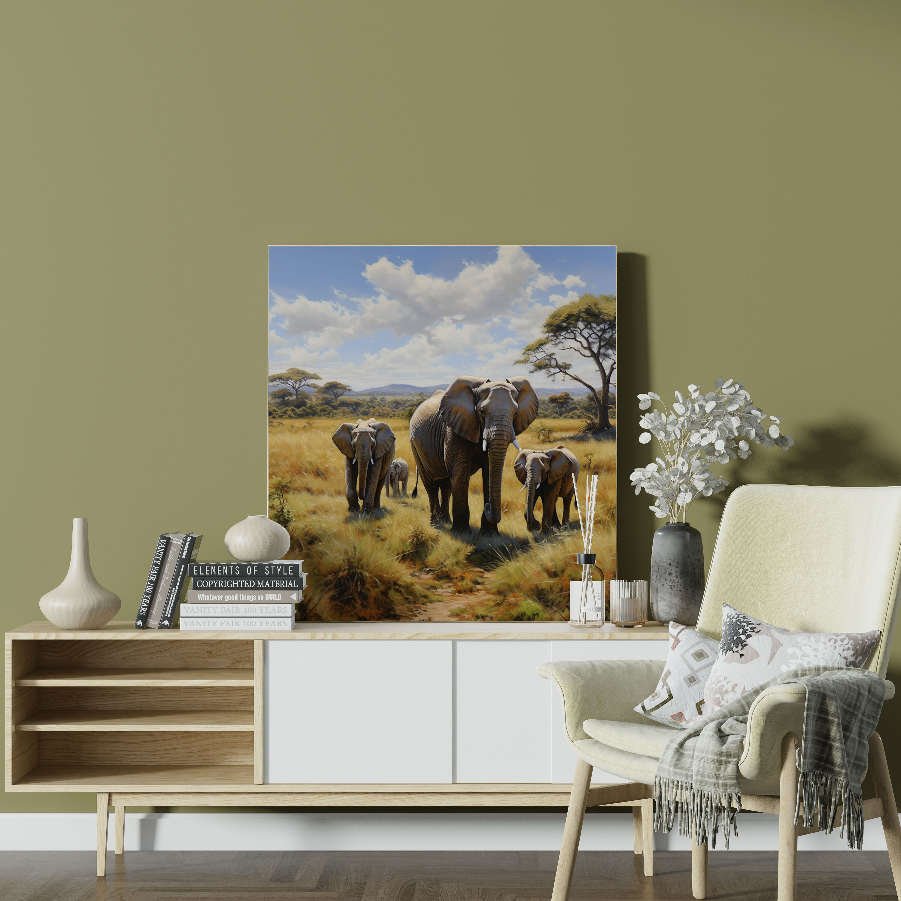 Wildlife Canvas Print - Realistic Oil Painting Of Grazing Elephants - Wildlife, Canvas Wall Art, Wildlife, Elephants