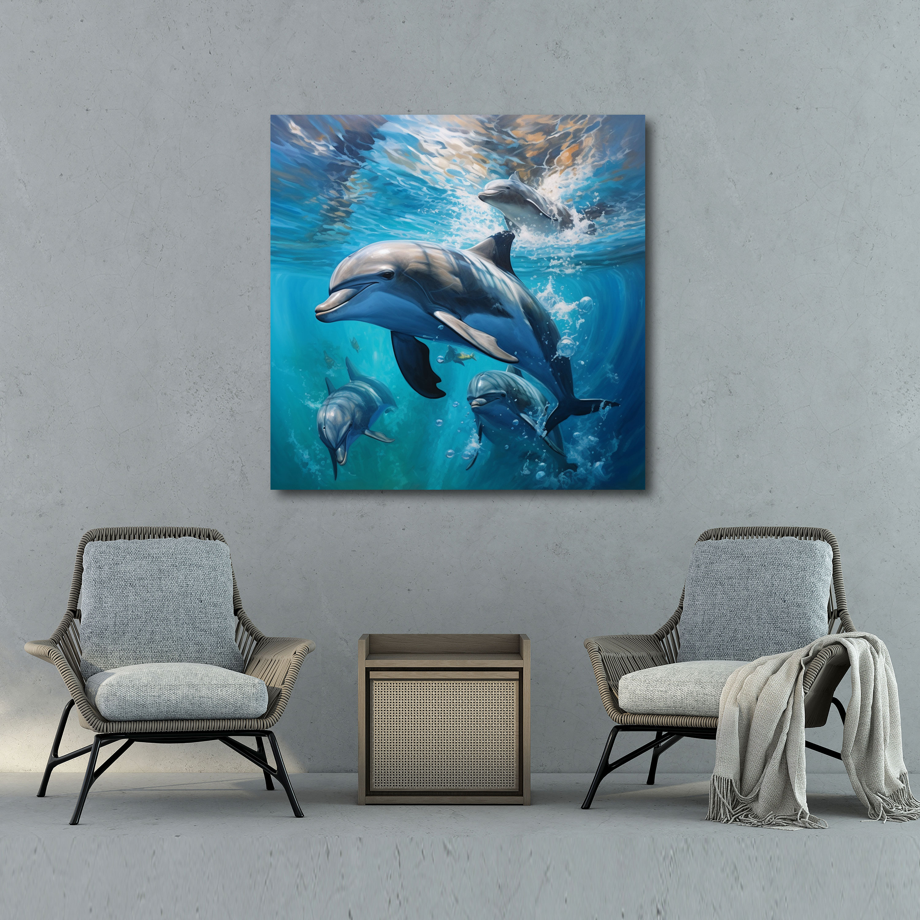Wildlife Wall Art - Graceful Dolphins In The Ocean - Wildlife, Canvas Print, Realistic Oil Painting, Wildlife