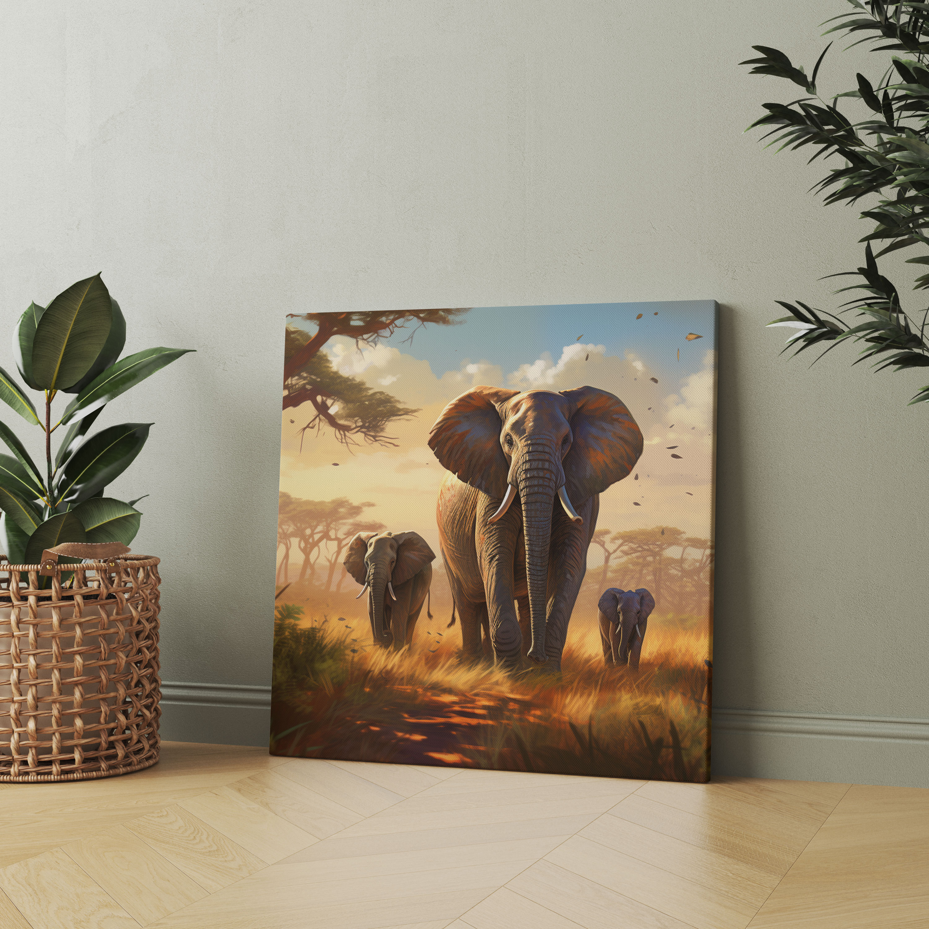 Wildlife Canvas Print - Peaceful Elephant Family Wall Art - Wildlife, Canvas, Elephant Family, Home Decoration