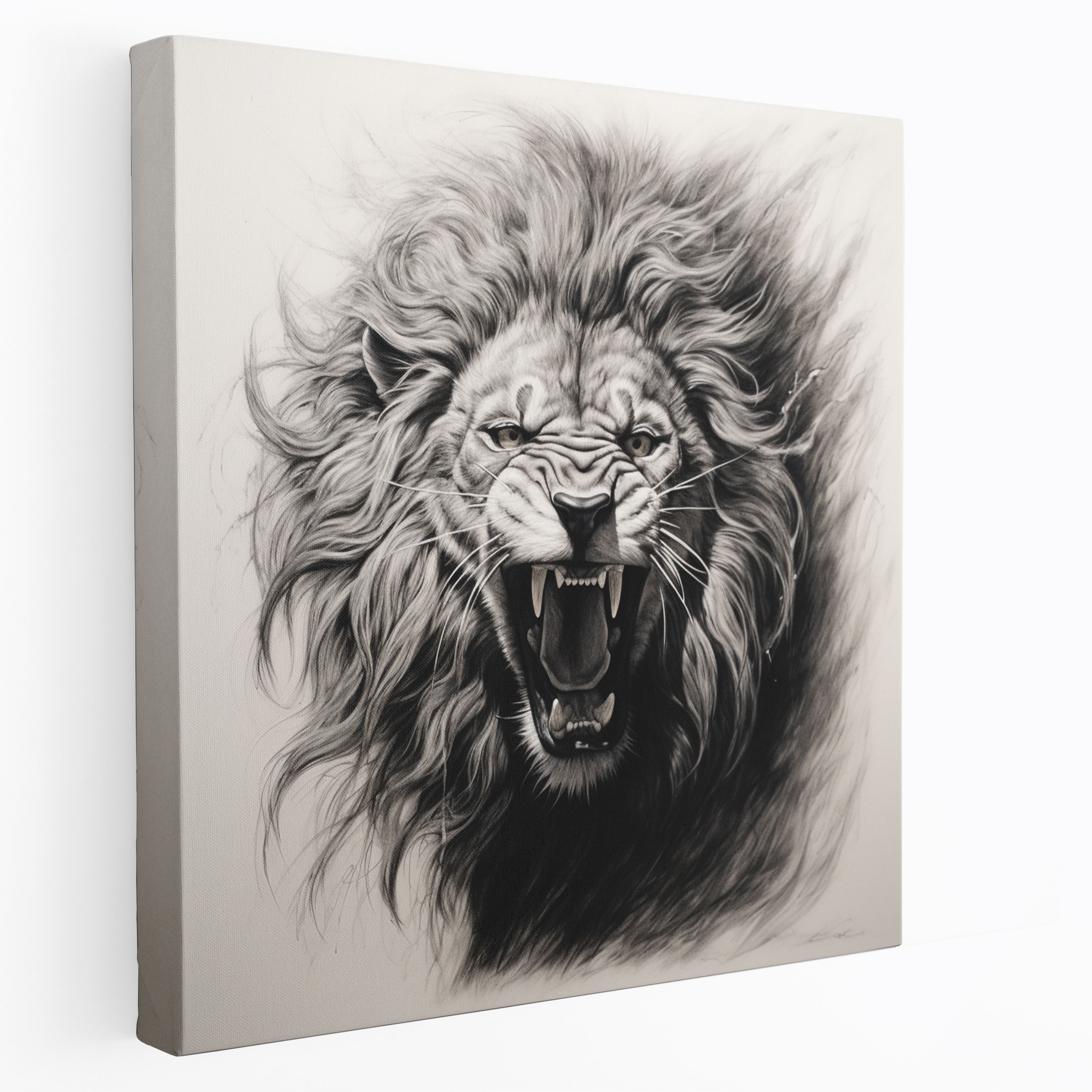 Wildlife Wall Art - Roaring Lion Charcoal Drawing - Wildlife, Canvas Print, Canvas, Wall Decoration