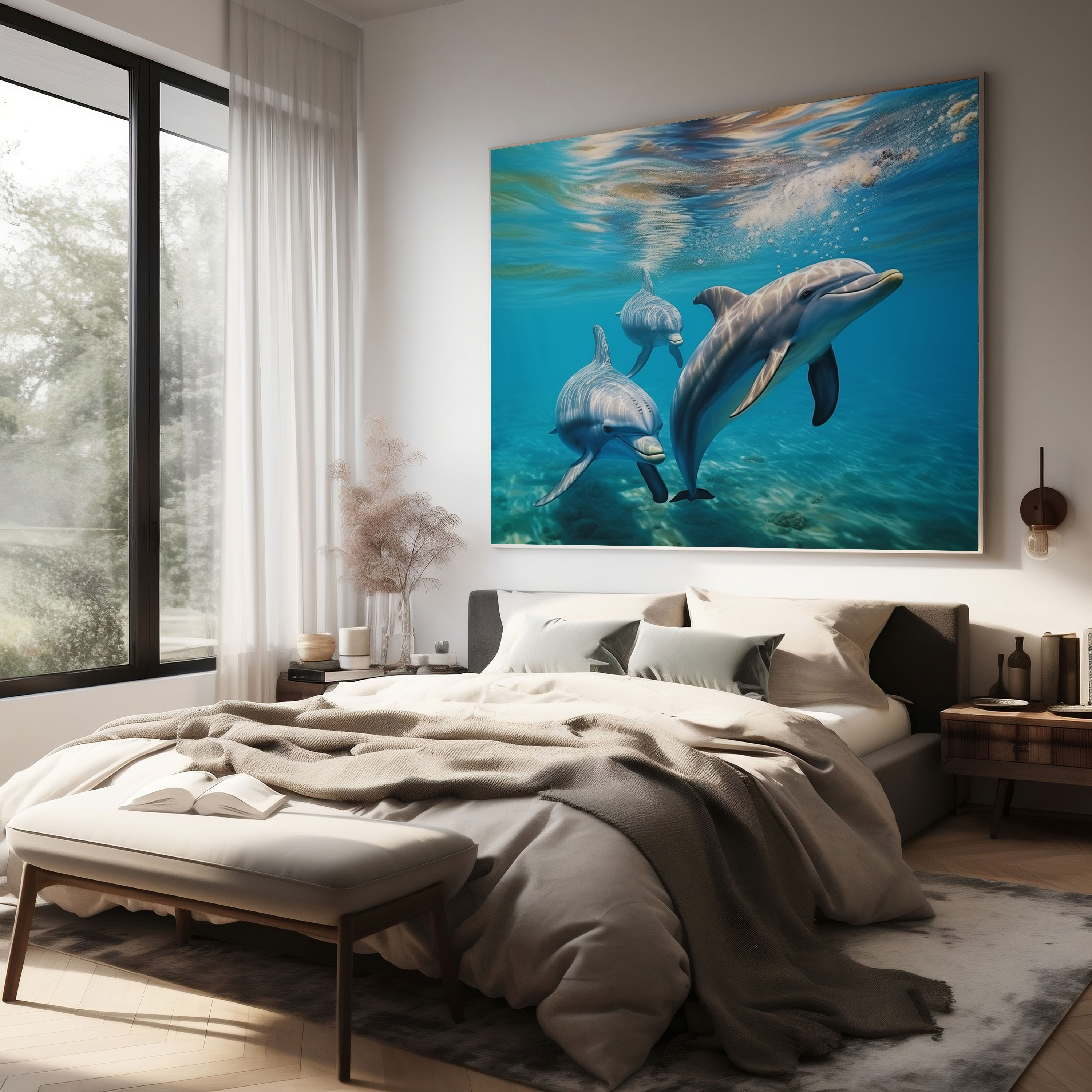 Wildlife Canvas Print - Serene Family Of Dolphins In Ocean Waters - Wildlife, Wall Decoration, Canvas, Wall Art