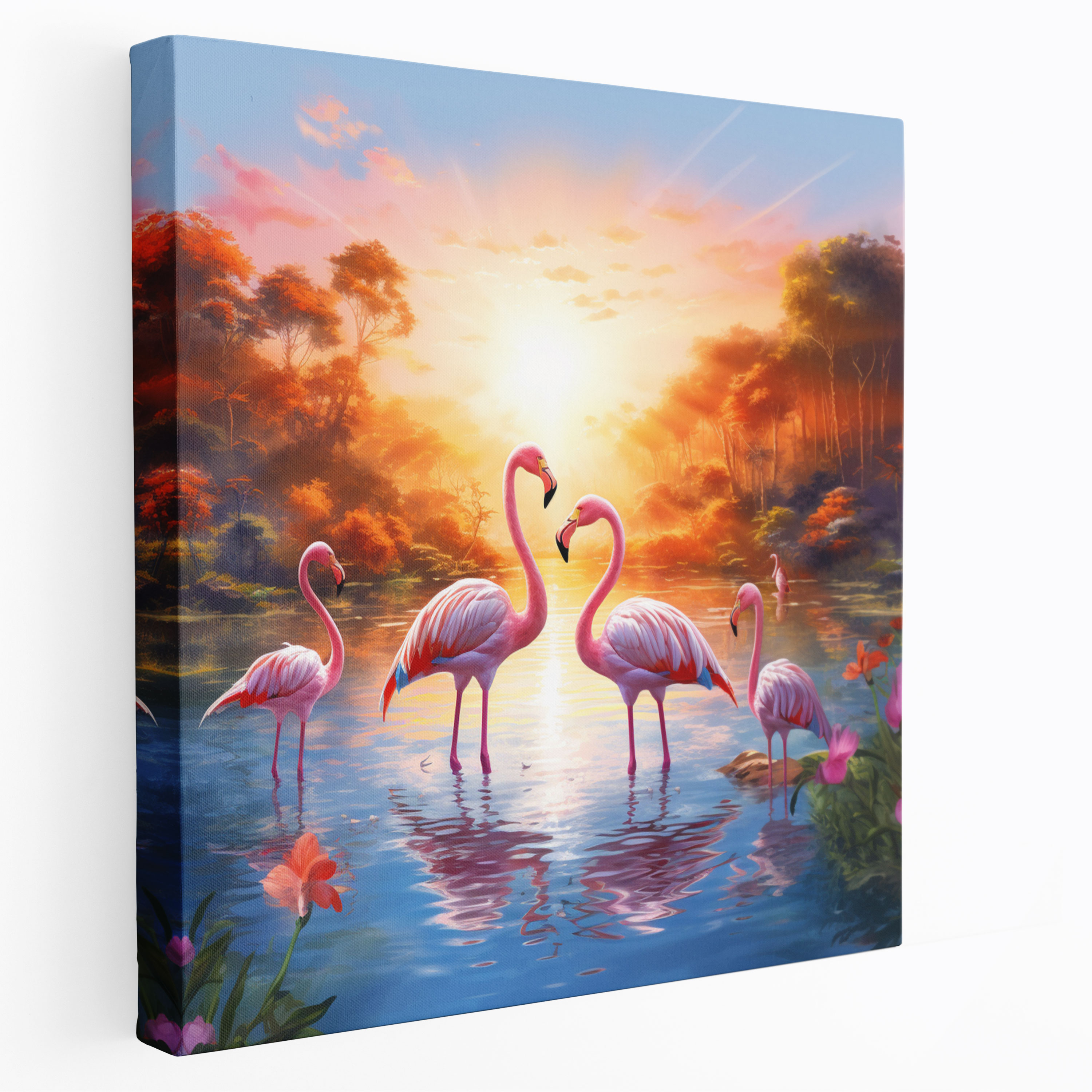 Wildlife Canvas Print - Vibrant Flock Of Flamingos In Shimmering Waters - Wildlife, Flamingos, Wildlife, Wall Art