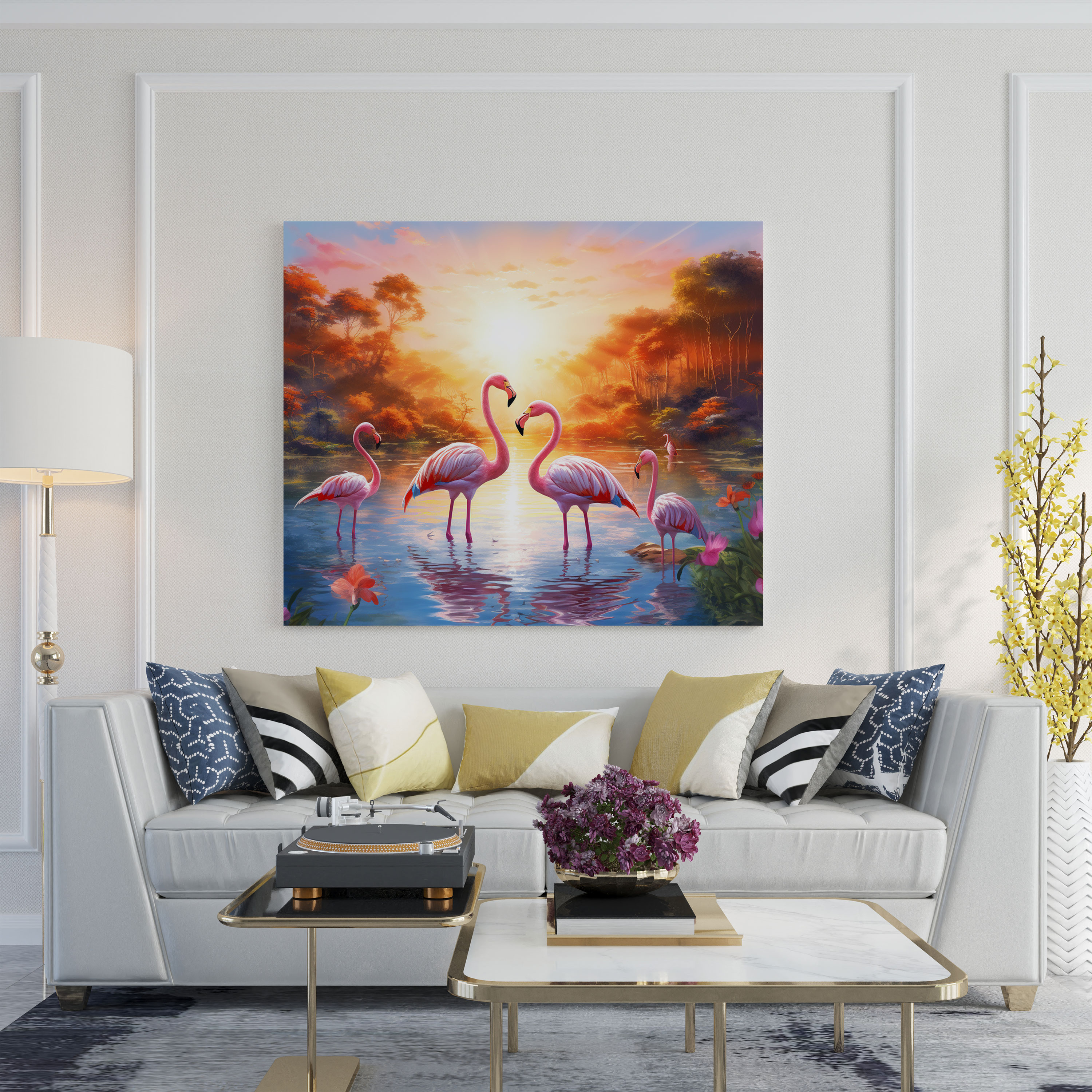 Wildlife Canvas Print - Vibrant Flock Of Flamingos In Shimmering Waters - Wildlife, Flamingos, Wildlife, Wall Art