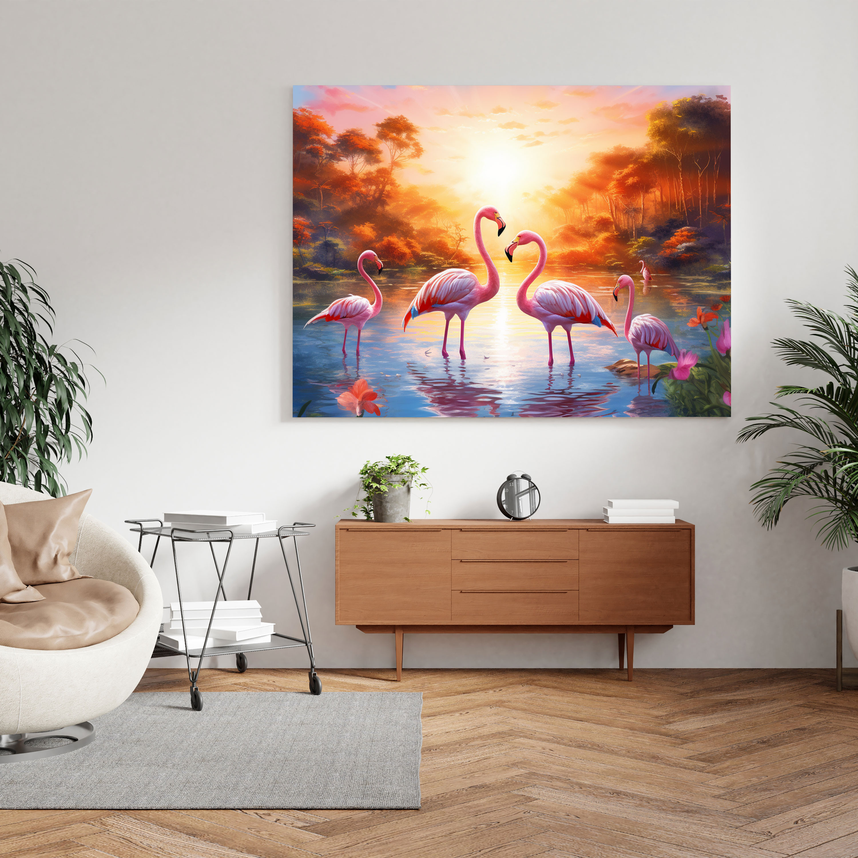 Wildlife Canvas Print - Vibrant Flock Of Flamingos In Shimmering Waters - Wildlife, Flamingos, Wildlife, Wall Art