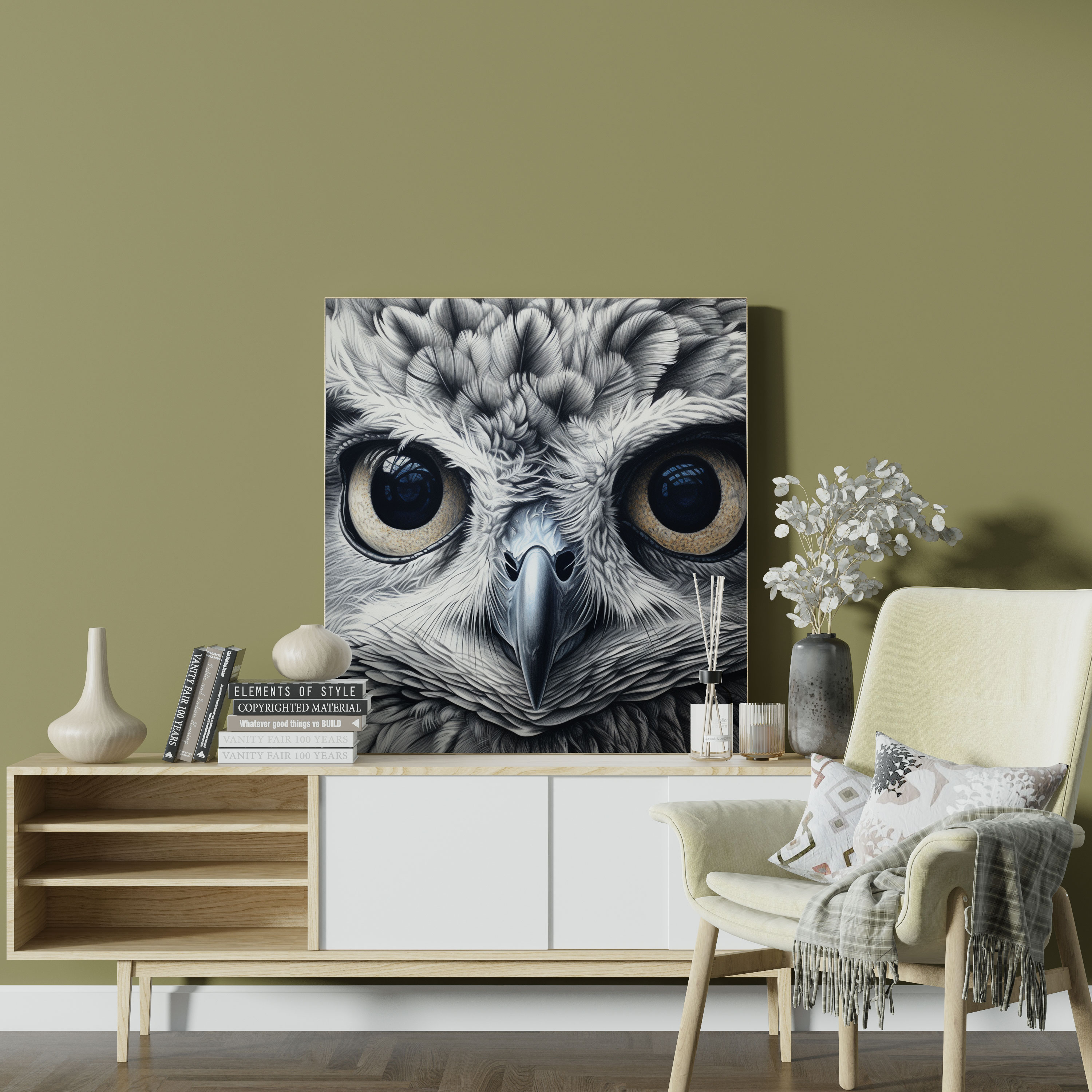 Wildlife Wall Print - Wise Owl - Wildlife, Wise Owl, Canvas Wall Art, Detailed Pencil Drawing