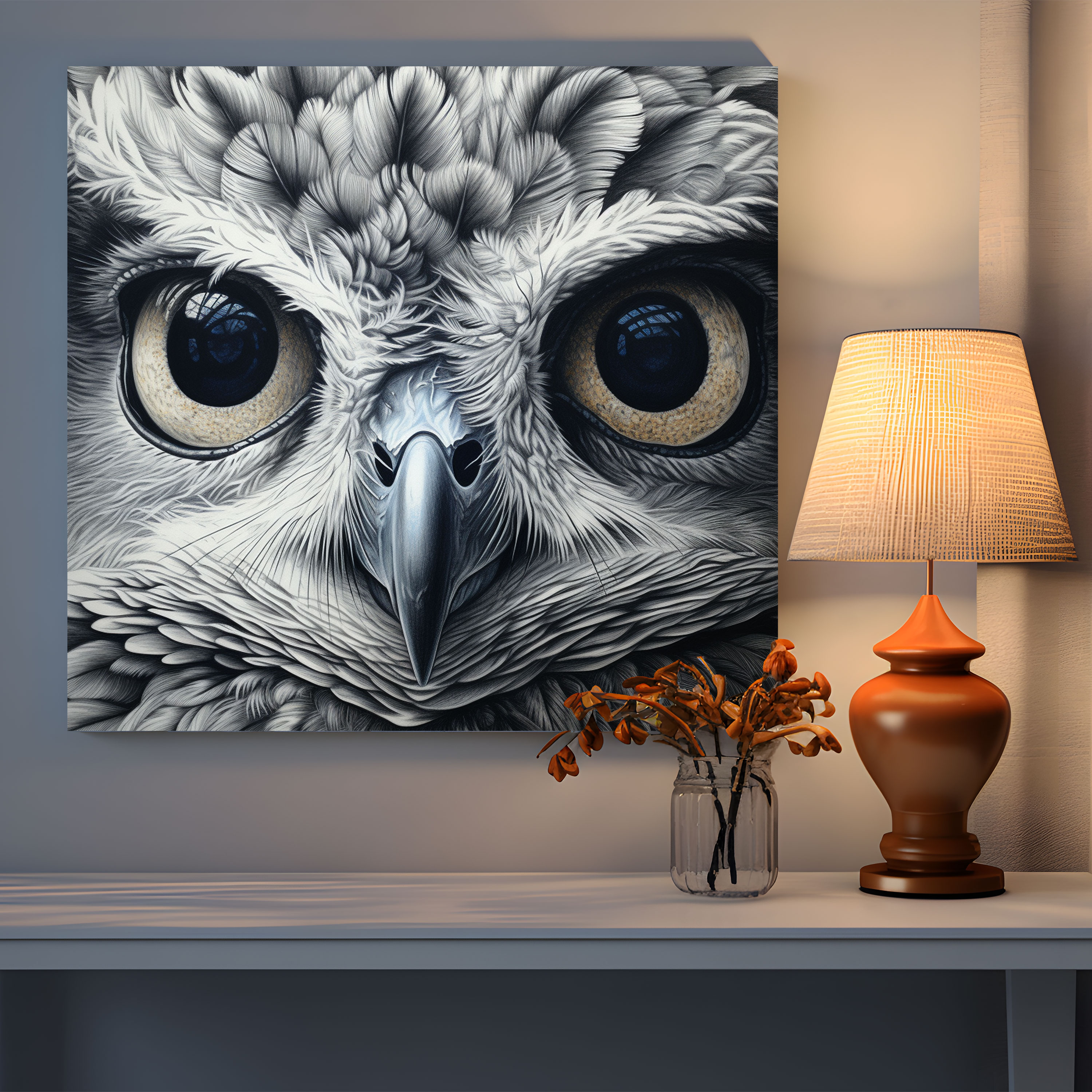 Wildlife Wall Print - Wise Owl - Wildlife, Wise Owl, Canvas Wall Art, Detailed Pencil Drawing
