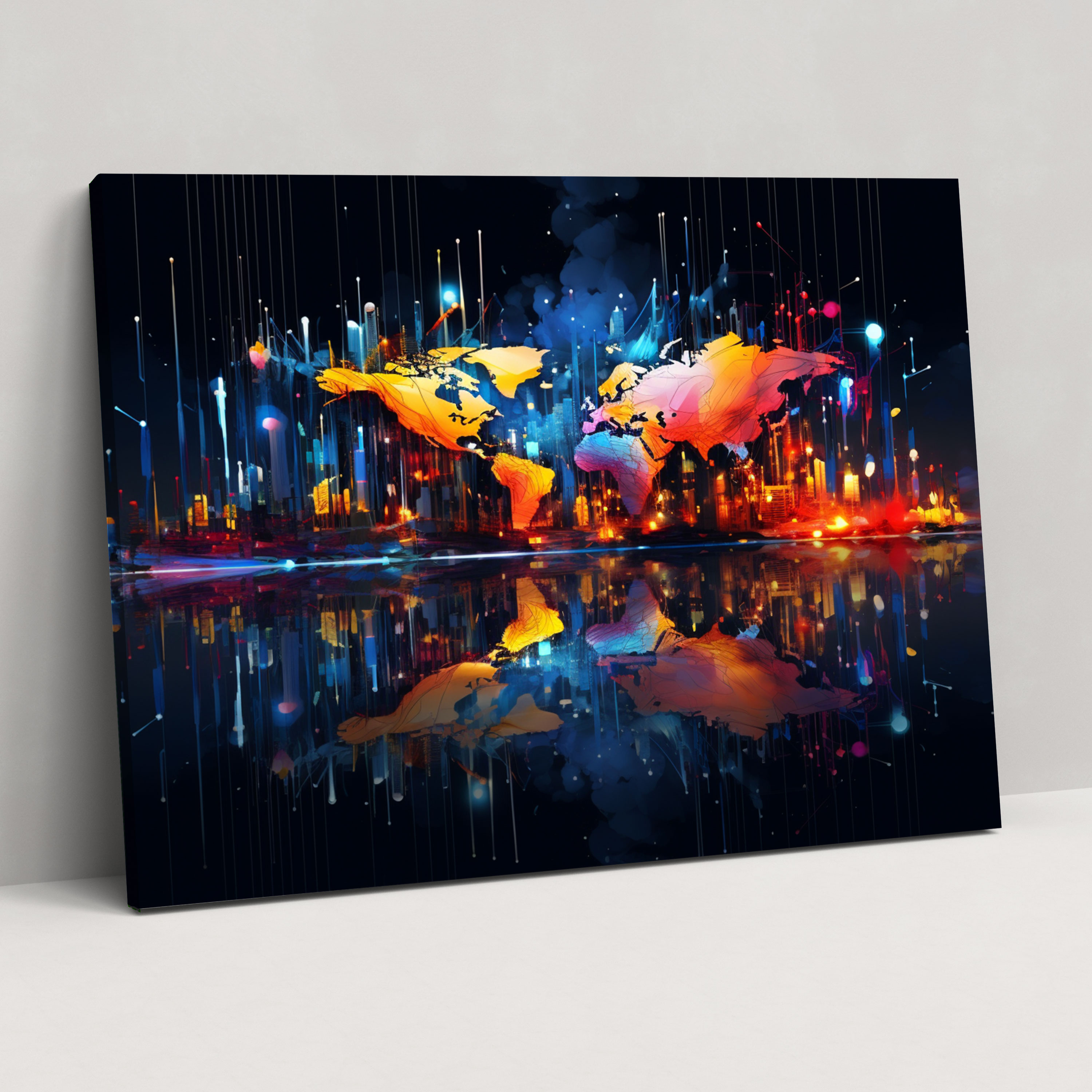 Abstract World Map Canvas Print - World Map, Abstract Digital Art, Vibrant Colors, Canvas Wall Art