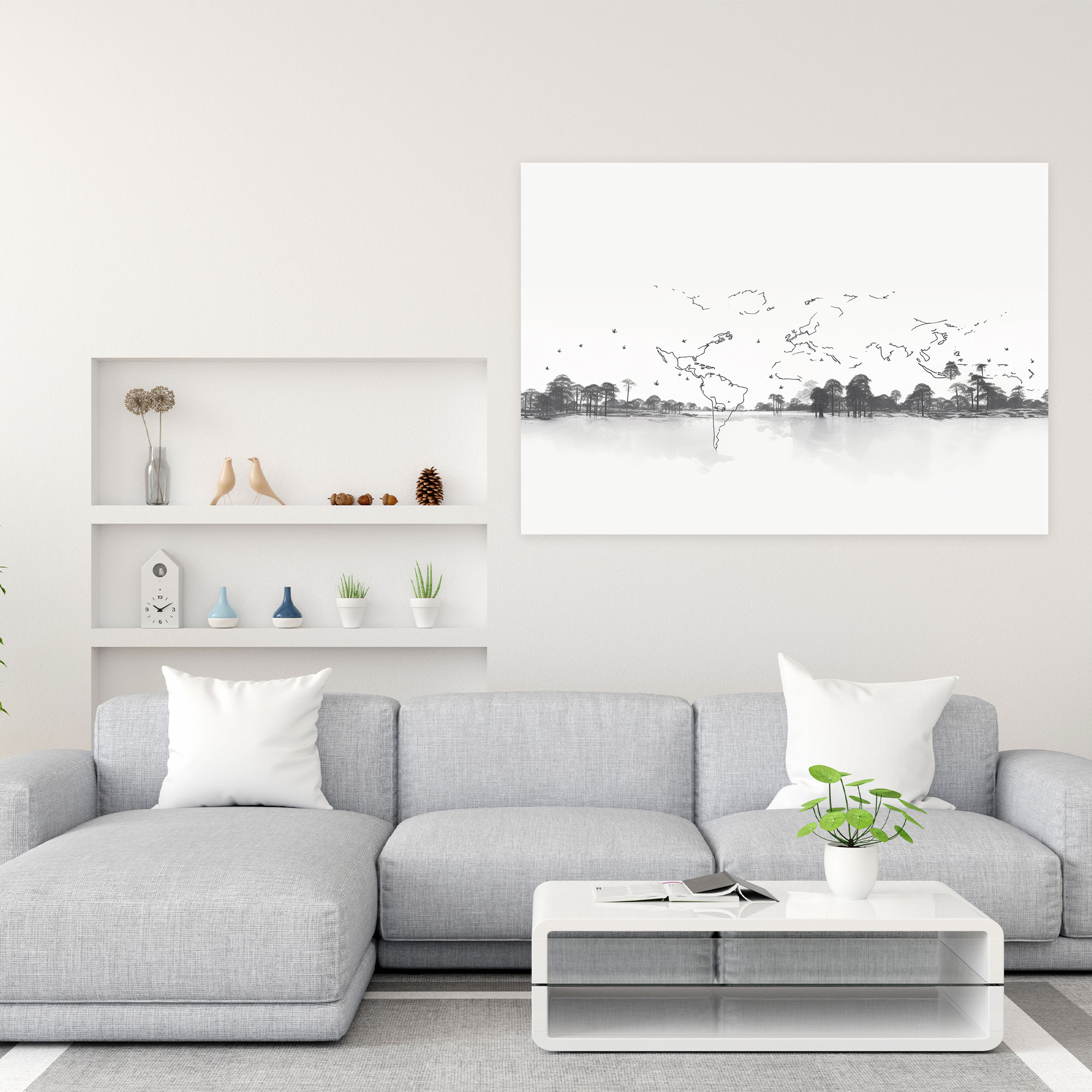 World Map Wall Art - World Map, Canvas Print, Black And White, Countries