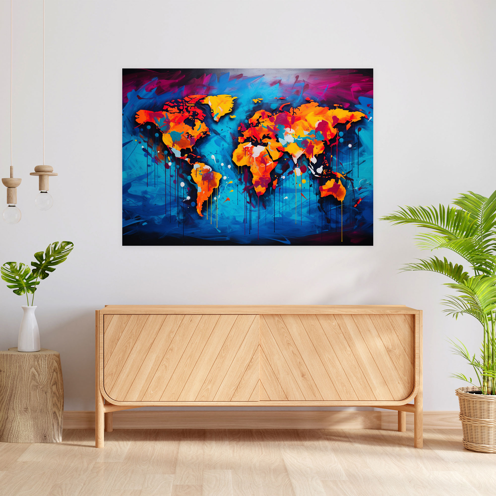 Weltkarte Leinwandbild - Moderne Weltkarte klare Linien Wanddekoration kräftige Farben