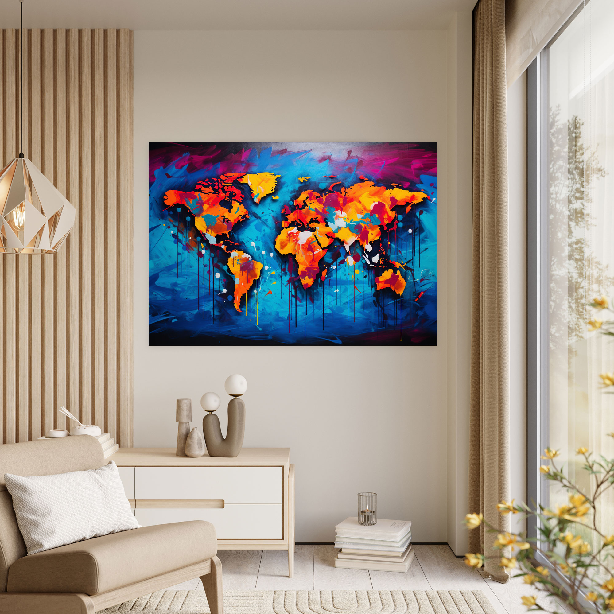 Weltkarte Leinwandbild - Moderne Weltkarte klare Linien Wanddekoration kräftige Farben