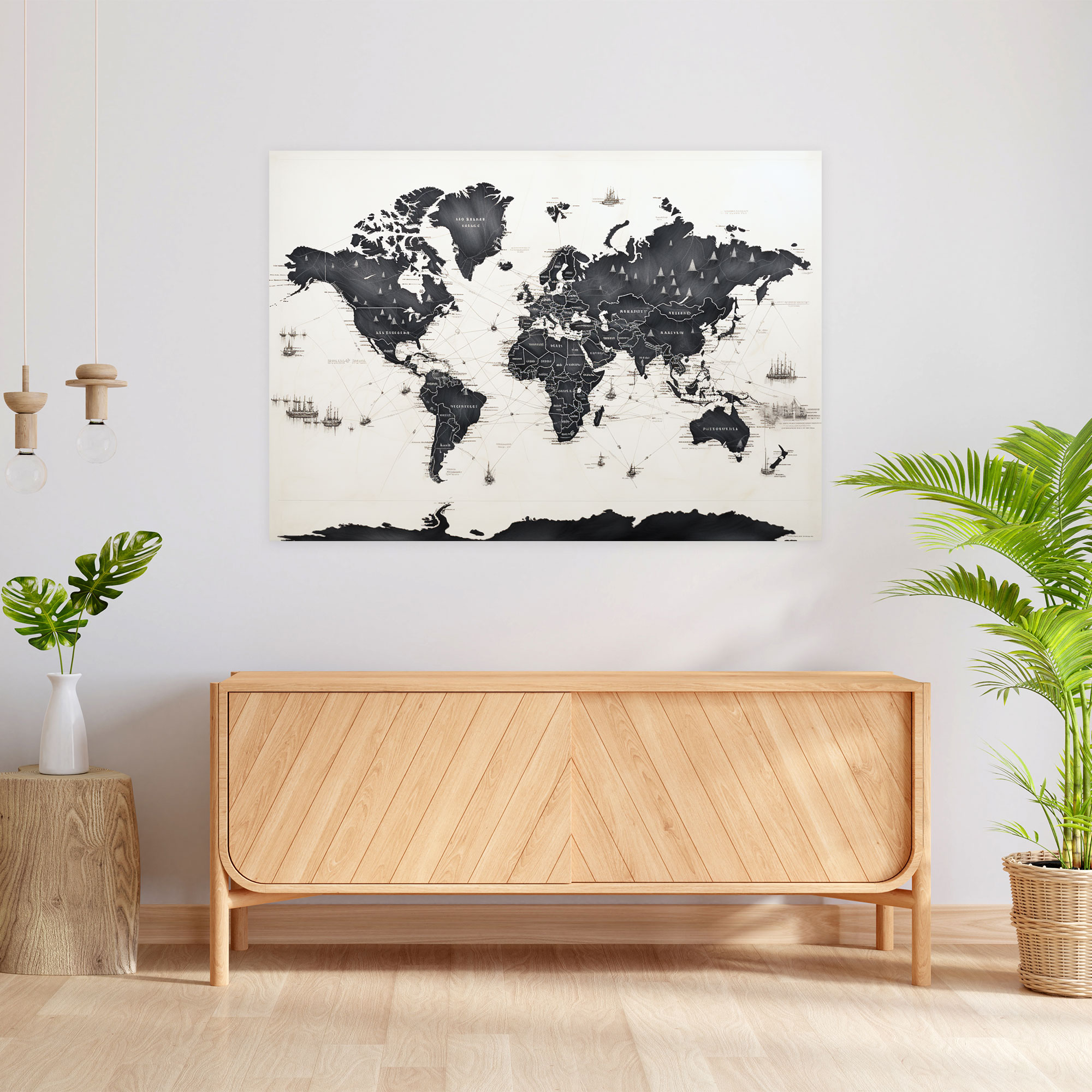 Black And White World Map Canvas Print - World Map, Intricate Details, Wall Art, Wall Decoration