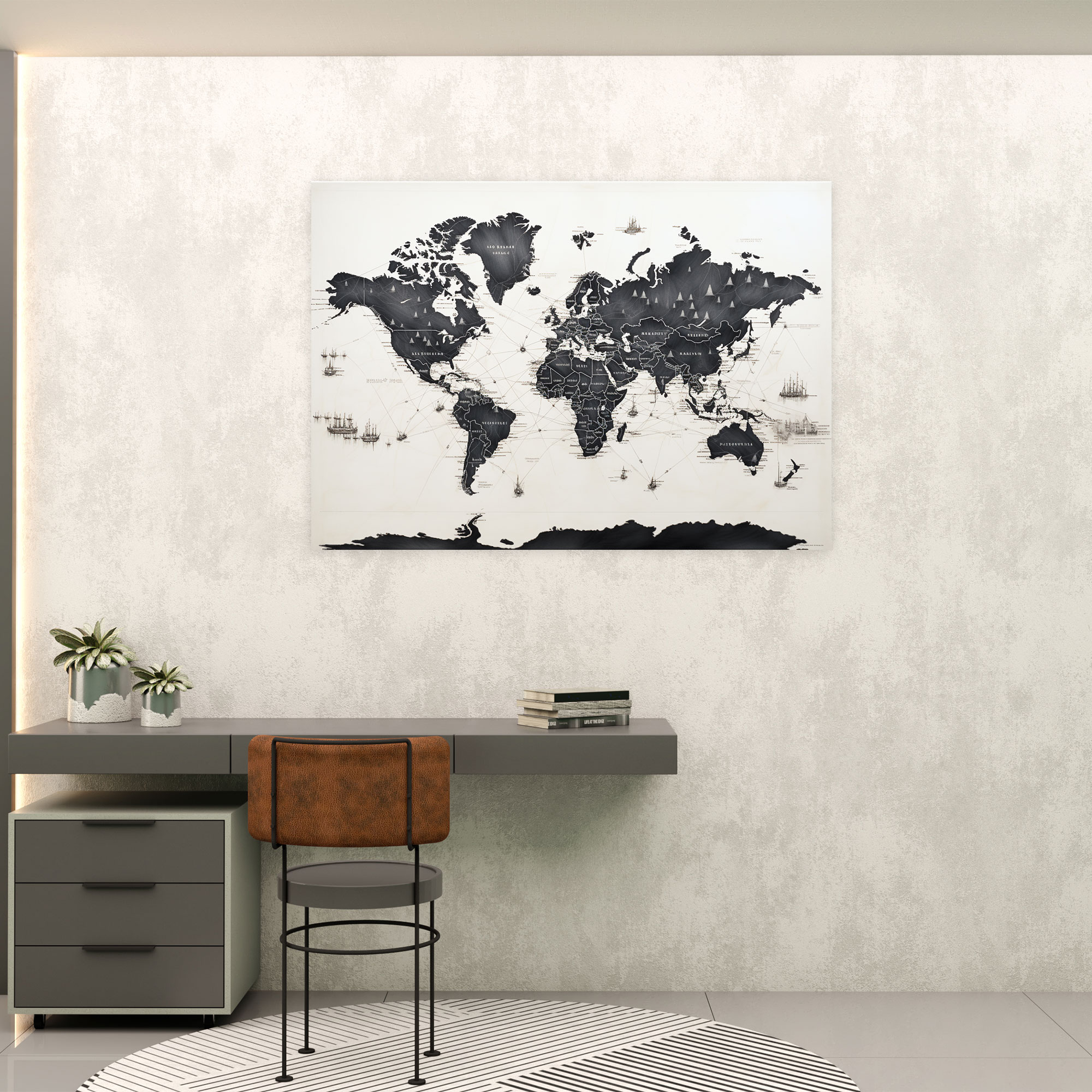 Black And White World Map Canvas Print - World Map, Intricate Details, Wall Art, Wall Decoration