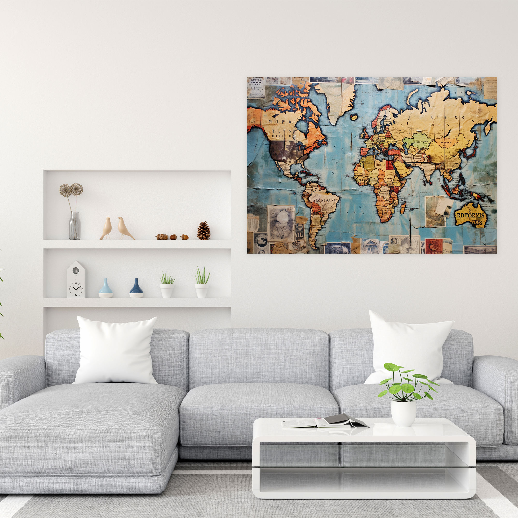 Collage World Map Canvas Print - World Map, Collage-Style, World Map, Stamps