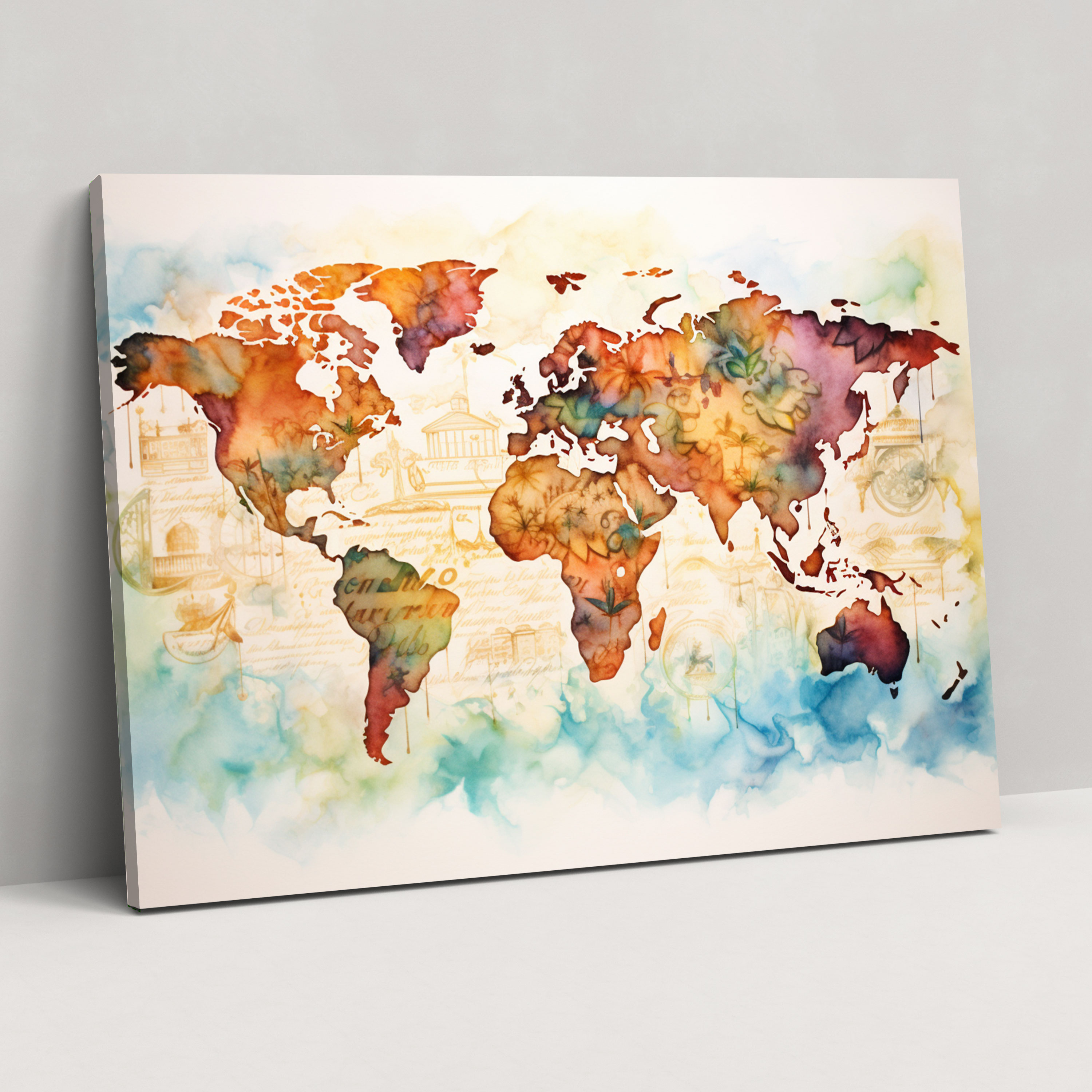 Watercolor Calligraphy World Map Canvas Print - World Map, Watercolor And Calligraphy Fusion, World Map, Canvas