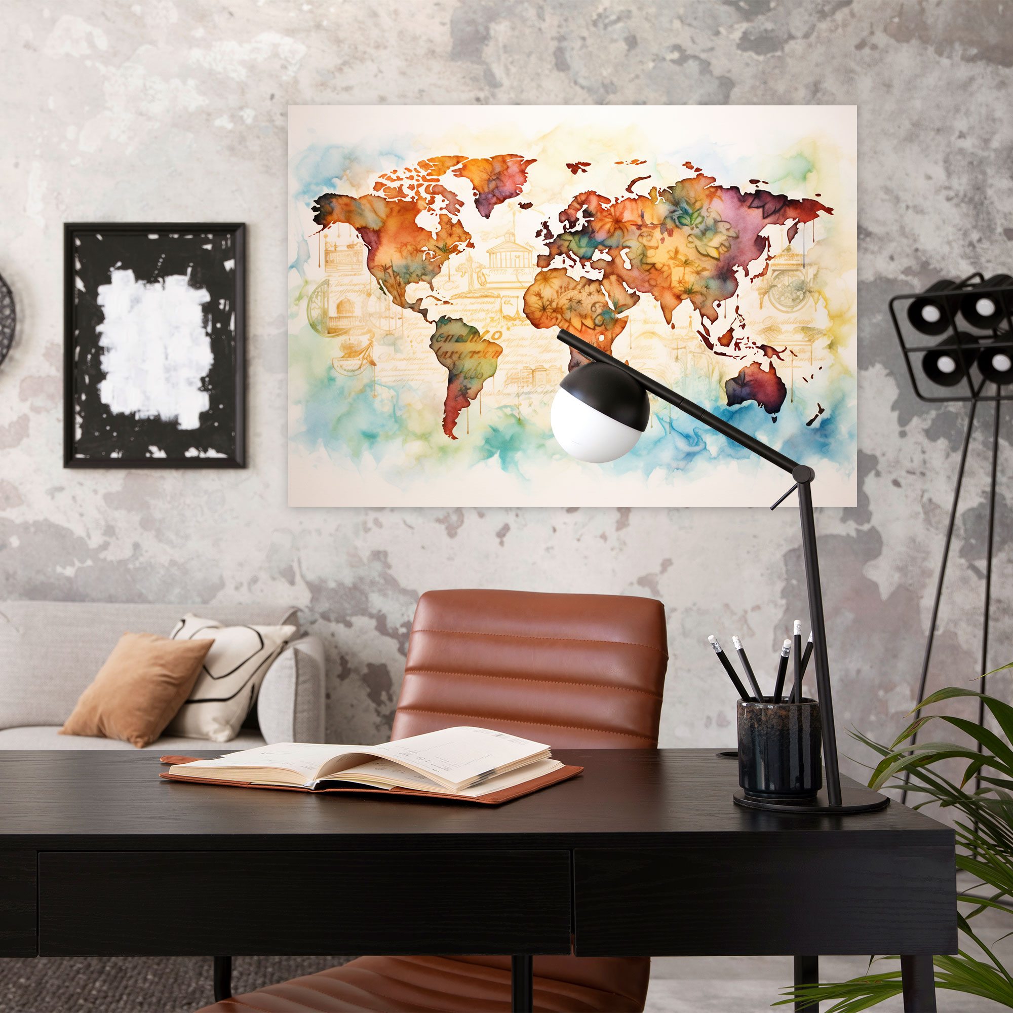 Watercolor Calligraphy World Map Canvas Print - World Map, Watercolor And Calligraphy Fusion, World Map, Canvas