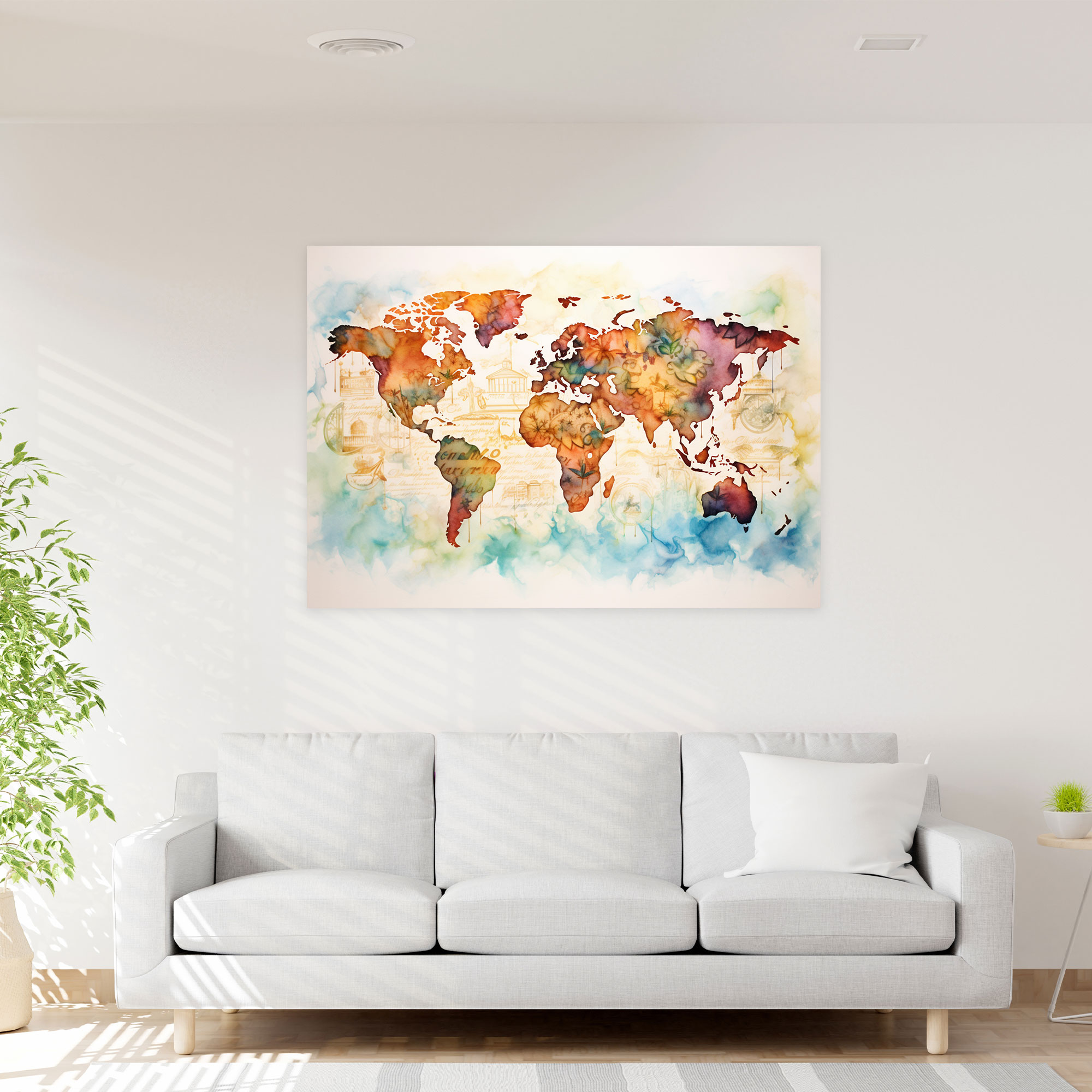 Watercolor Calligraphy World Map Canvas Print - World Map, Watercolor And Calligraphy Fusion, World Map, Canvas