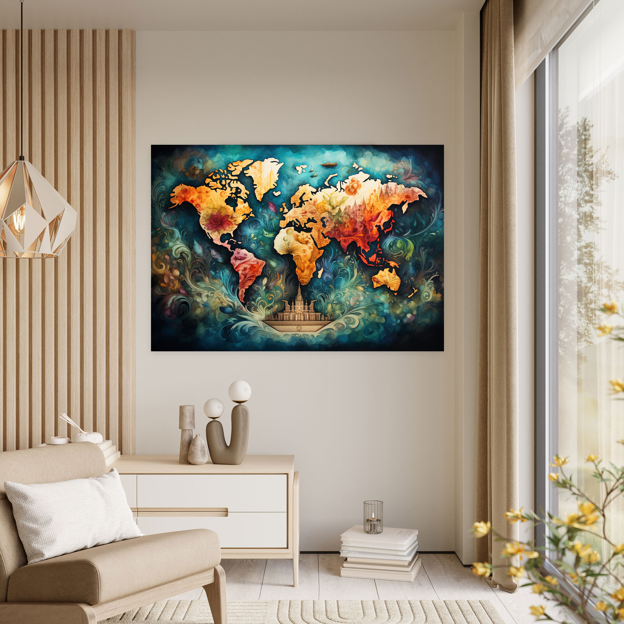 Weltkarte Leinwandbild - Vintage Design Lebhafte Farben Feine Details