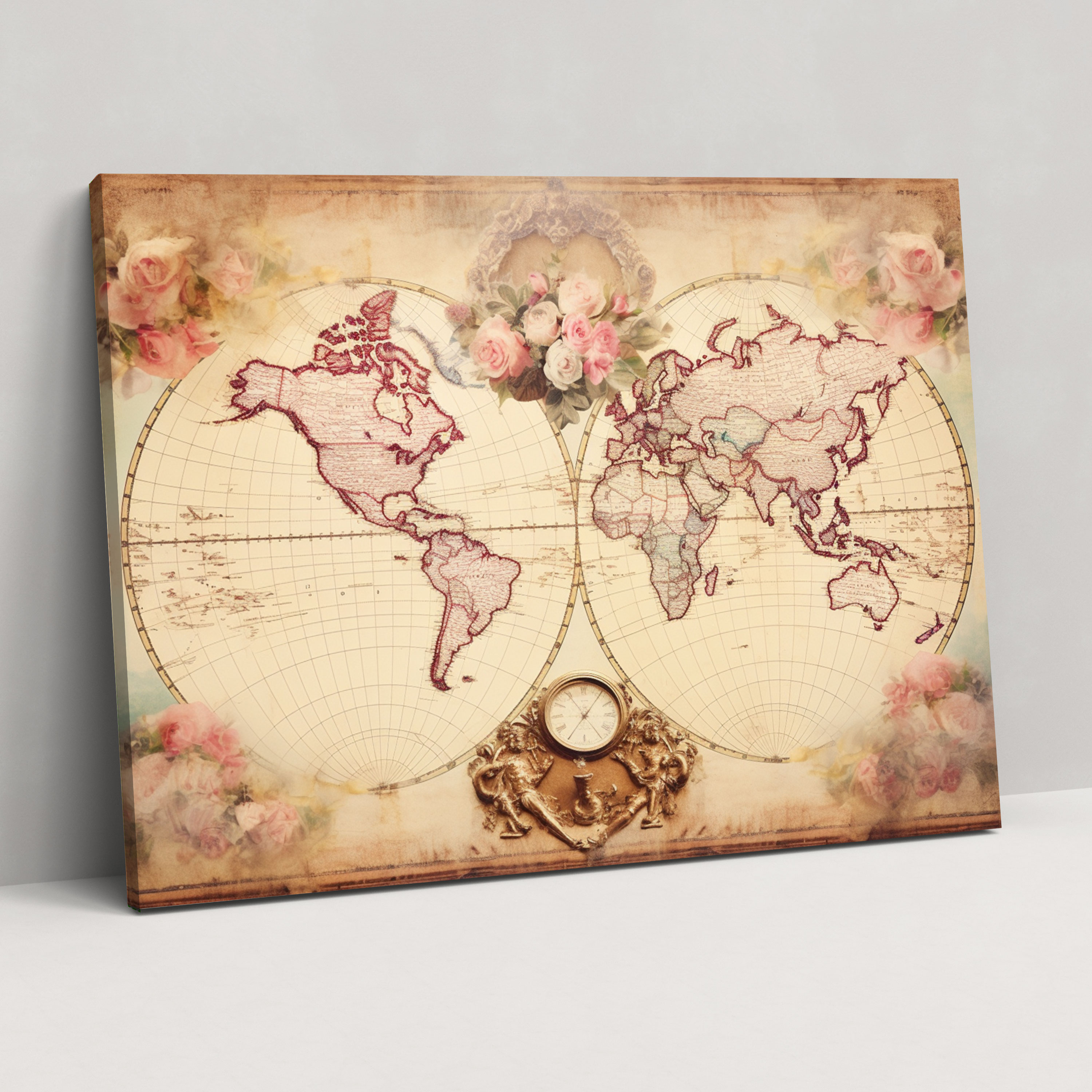 Romantic World Map Canvas Print - World Map, Faded Elegance, Home Decoration, Old-World Charm
