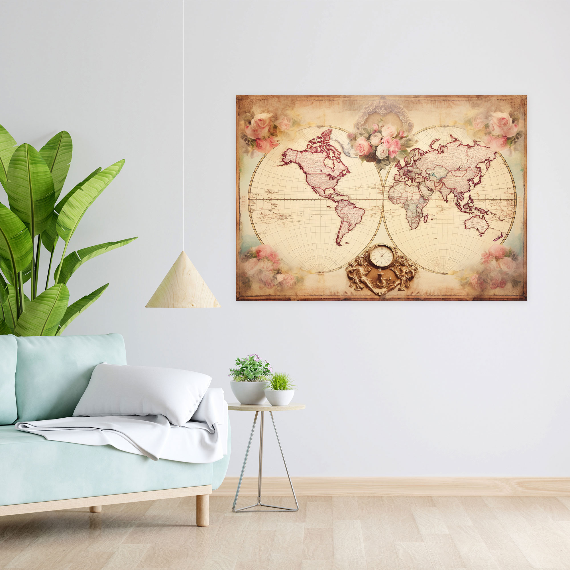 Romantic World Map Canvas Print - World Map, Faded Elegance, Home Decoration, Old-World Charm