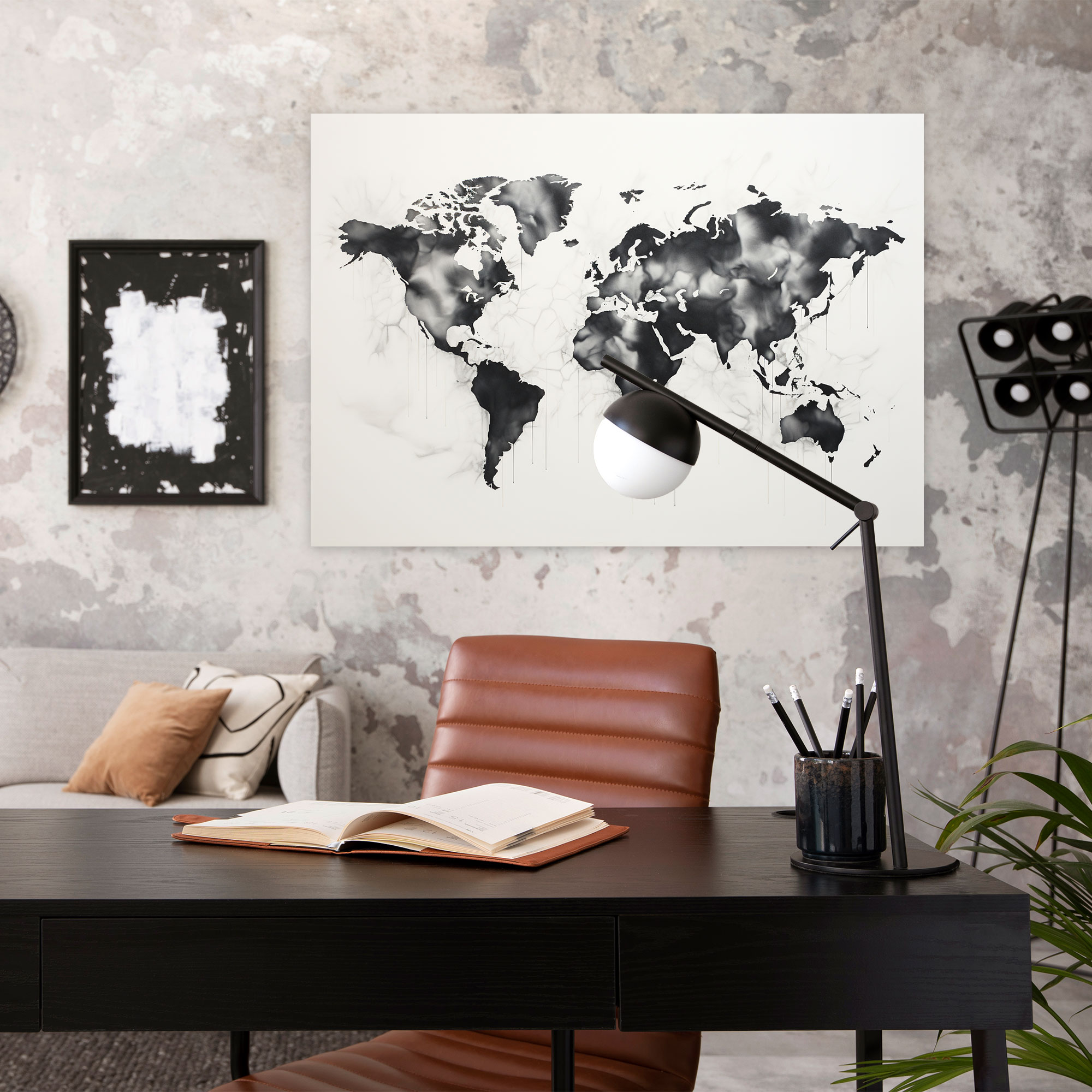 Black And White World Map Canvas Print - World Map, Wall Decoration, Contemporary, Wall Art