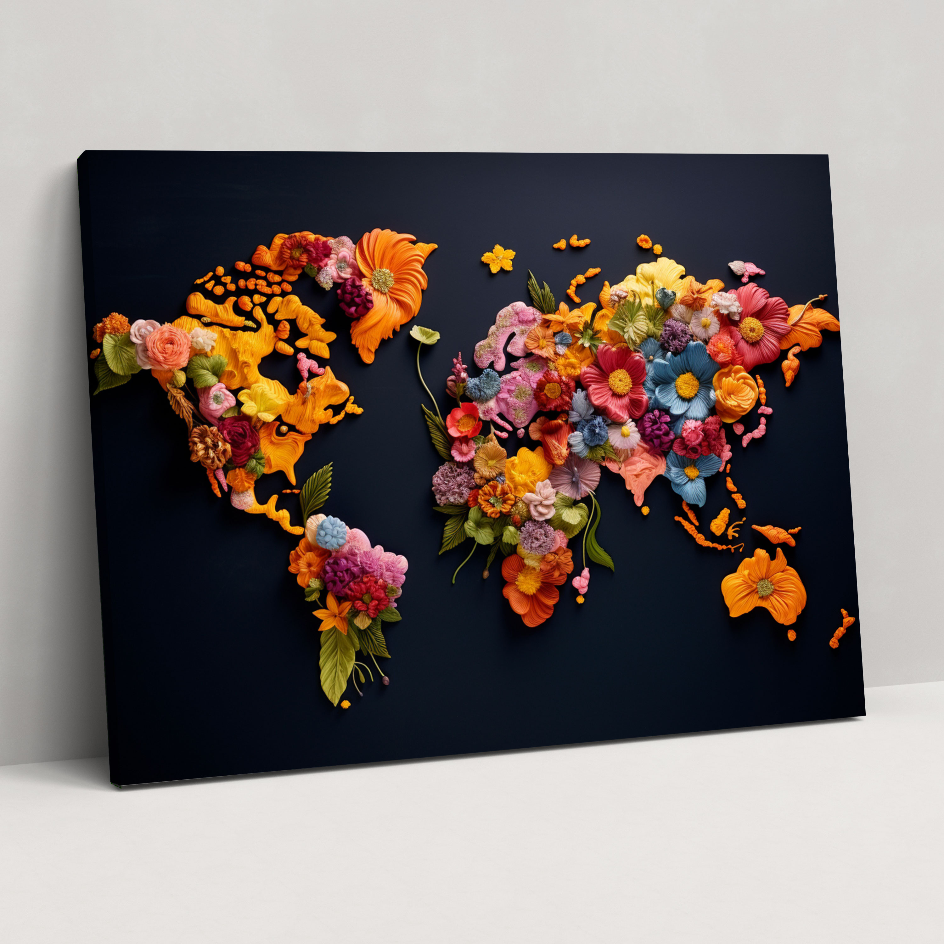 Floral World Map Wall Decoration - World Map, Flowers, Elements, Wall Decoration
