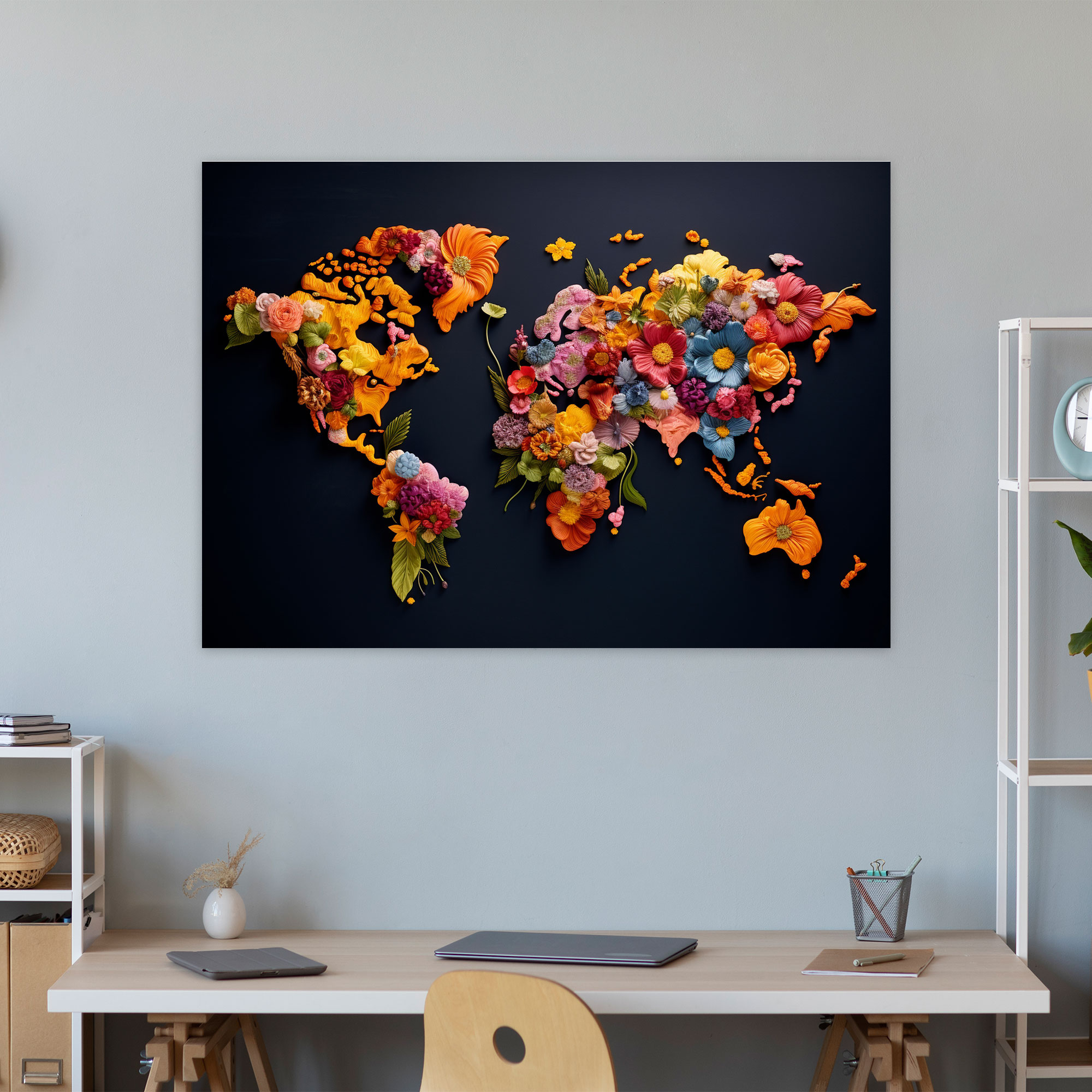 Floral World Map Wall Decoration - World Map, Flowers, Elements, Wall Decoration