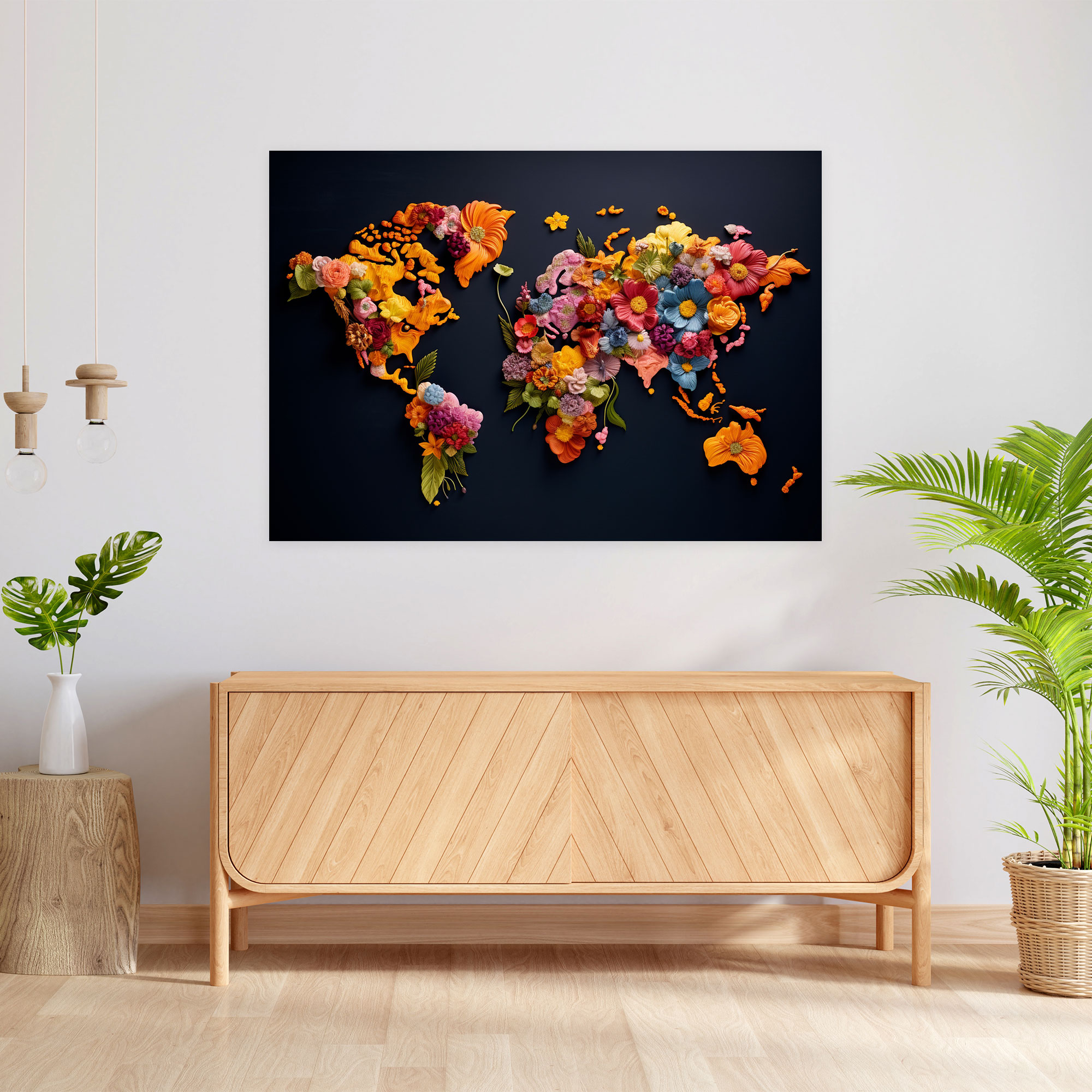 Floral World Map Wall Decoration - World Map, Flowers, Elements, Wall Decoration