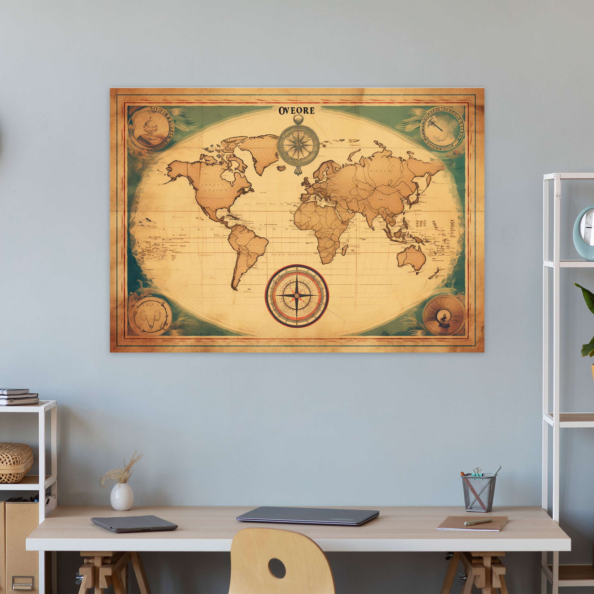 Vintage World Map Canvas Print - World Map, Compass Illustration, Vintage, Retro-Style