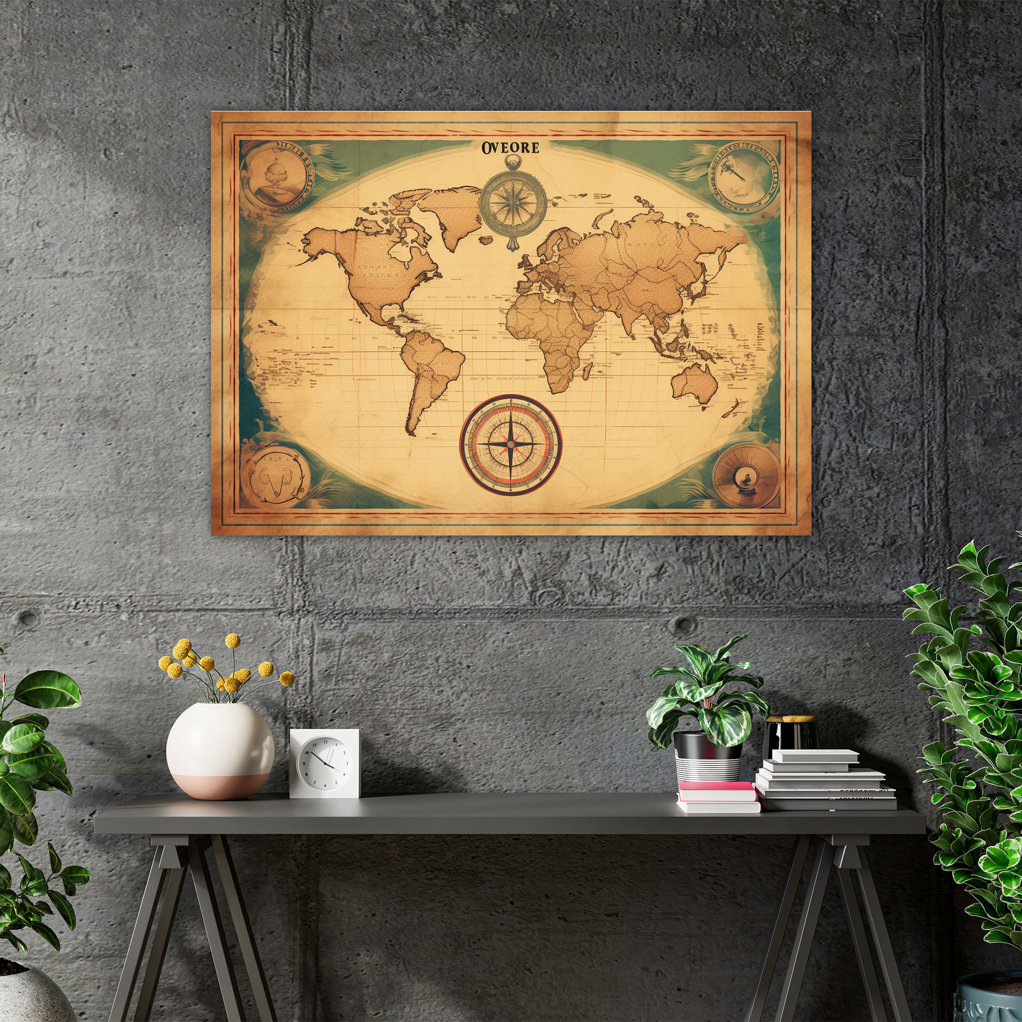 Vintage World Map Canvas Print - World Map, Compass Illustration, Vintage, Retro-Style