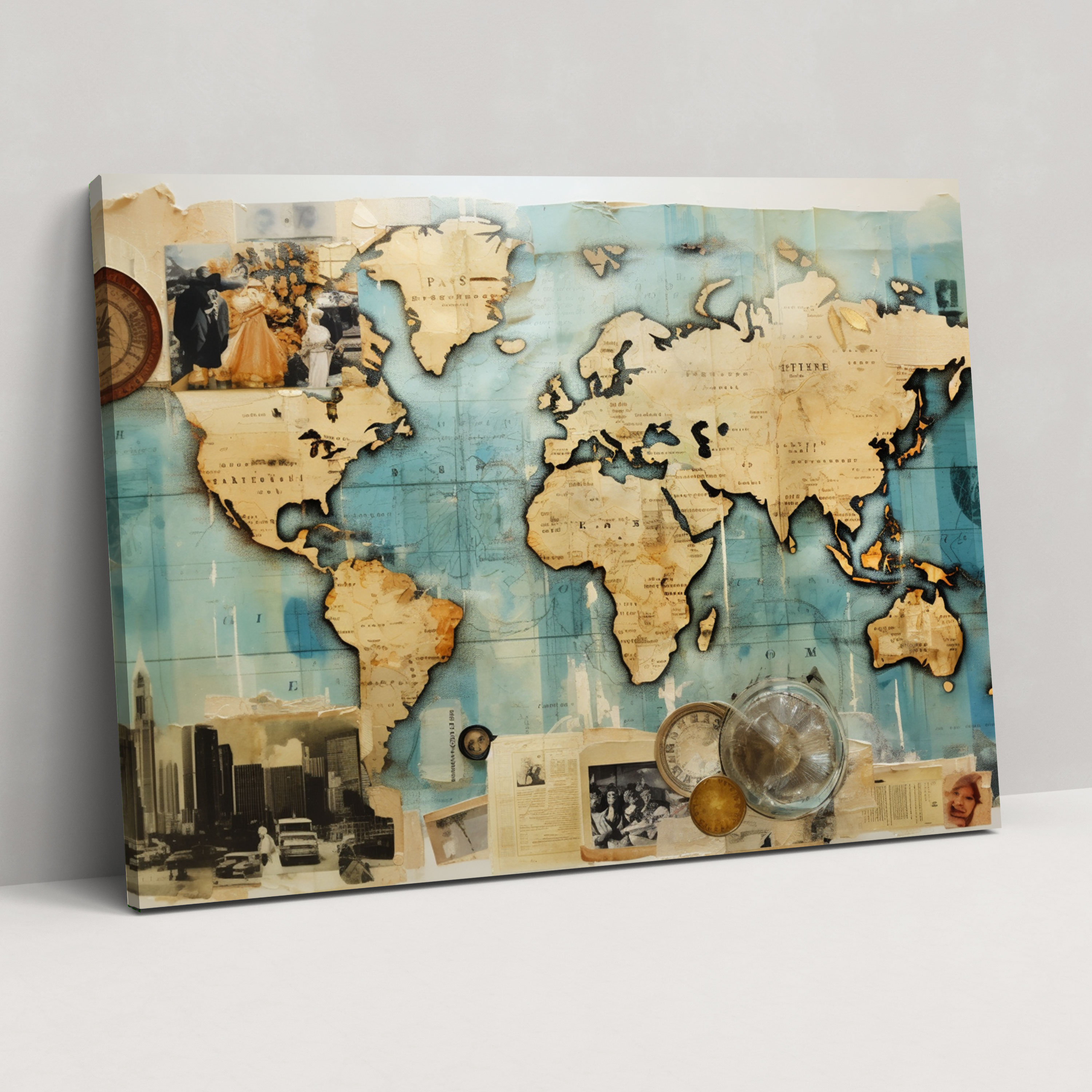 Mixed Media World Map Wall Art - World Map, Mixed Media Collage, World Map, Vintage Photographs