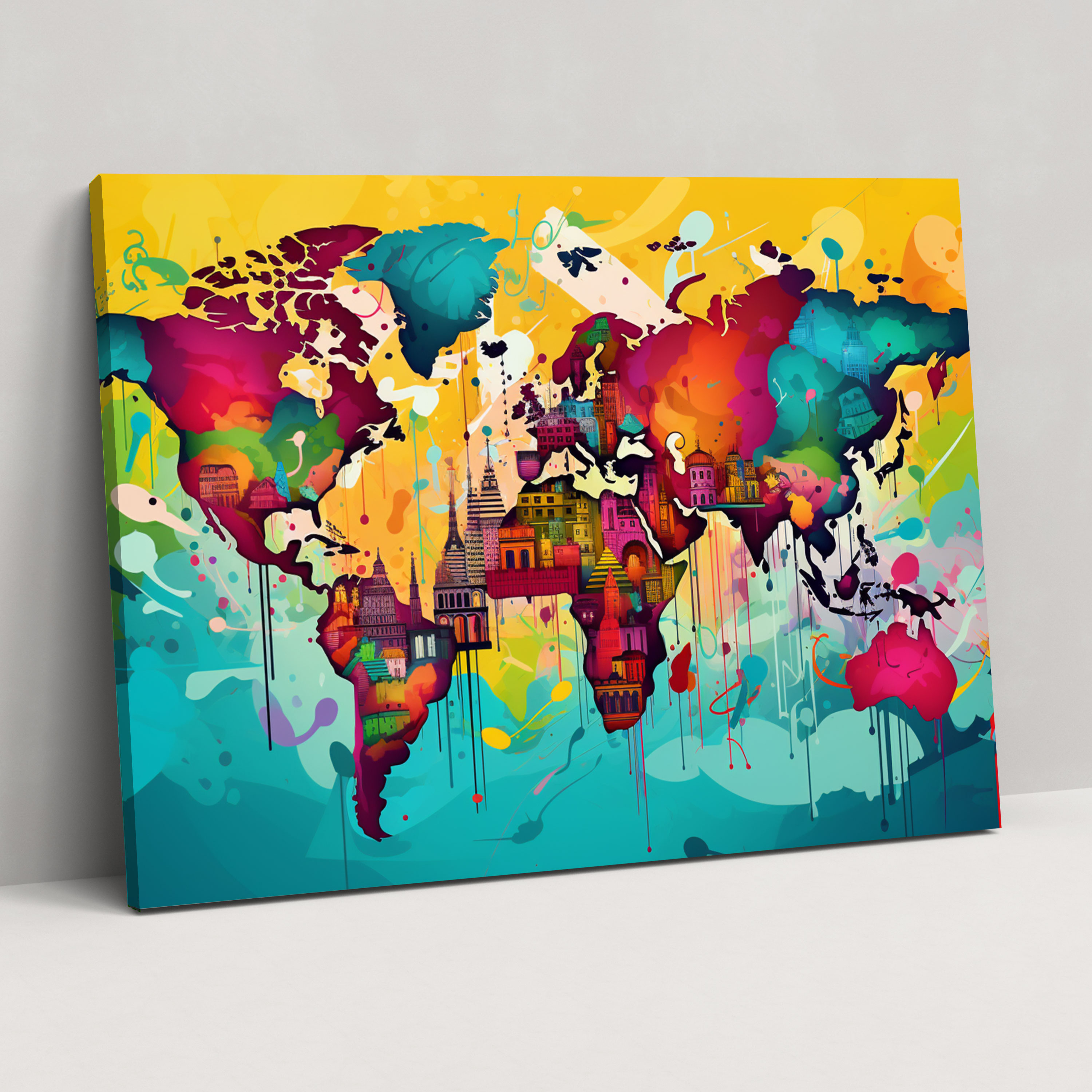 Pop Art World Map Canvas Print - World Map, Graphic Elements, Vibrant, Pop Art Illustration