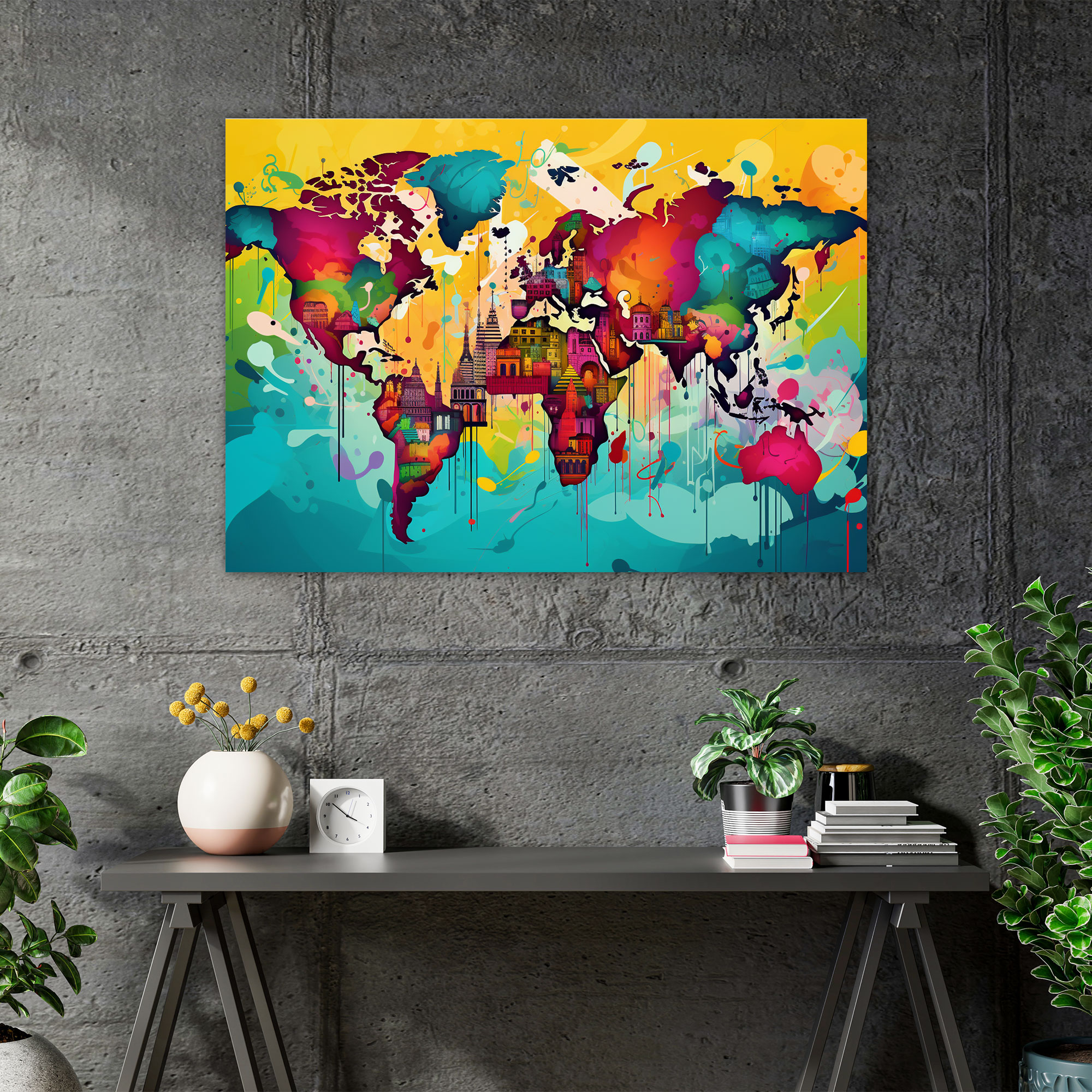 Pop Art World Map Canvas Print - World Map, Graphic Elements, Vibrant, Pop Art Illustration