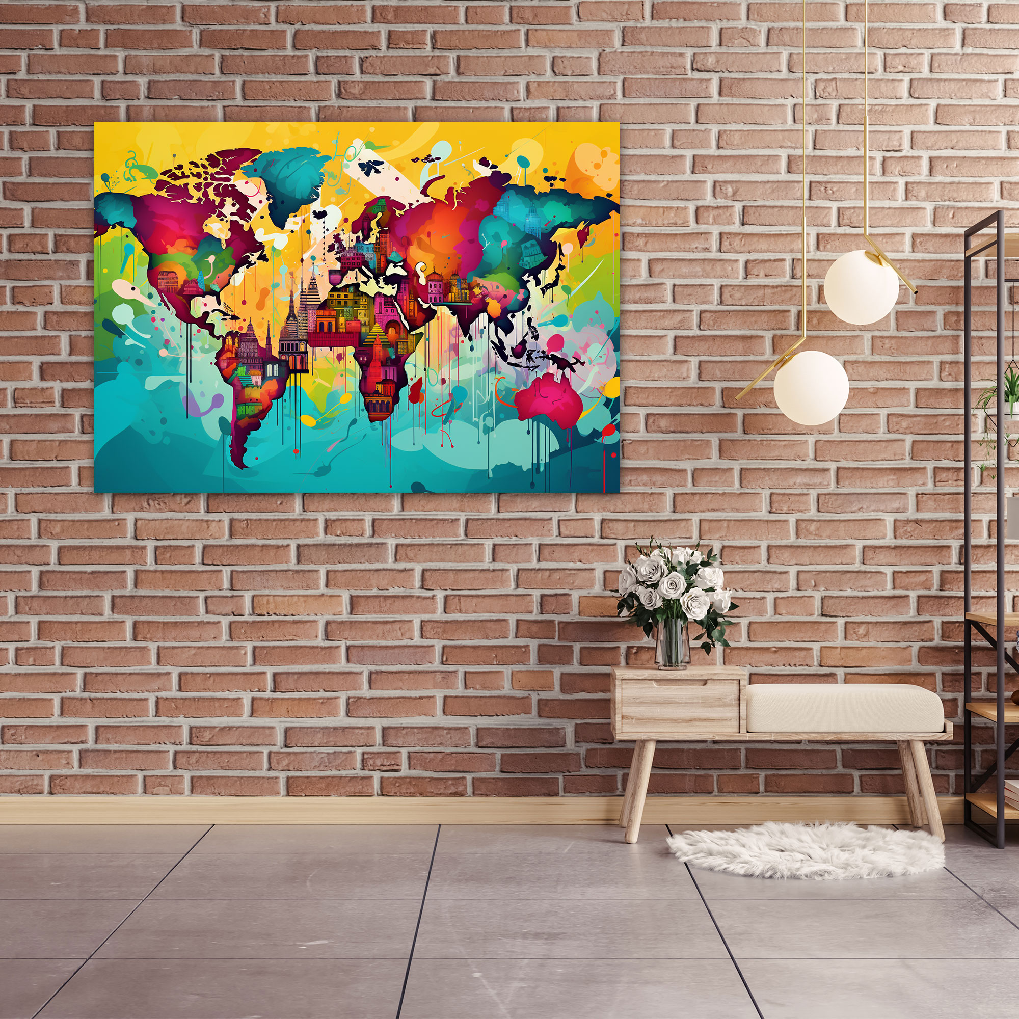 Pop Art World Map Canvas Print - World Map, Graphic Elements, Vibrant, Pop Art Illustration